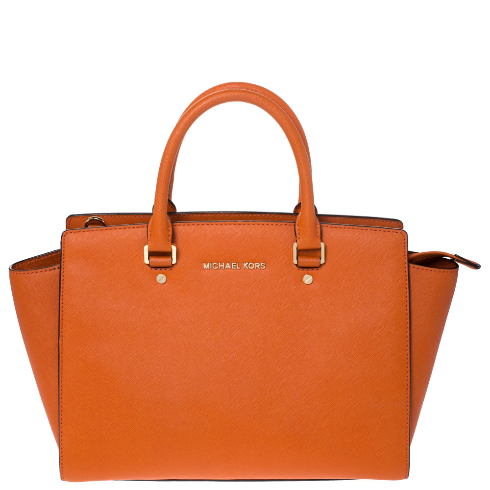 Pre Owned MICHAEL Michael Kors Orange Saffiano Leather Large Selma Satchel