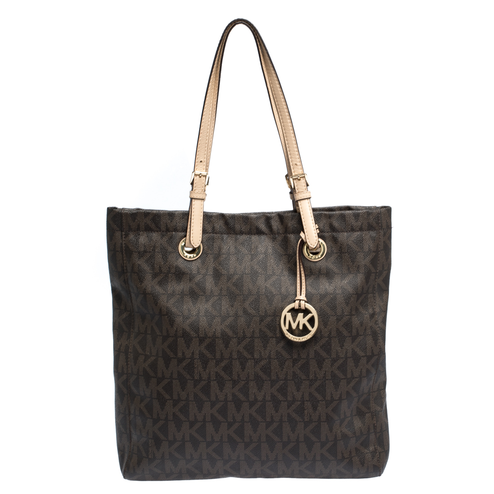 MICHAEL Michael Kors Brown Signature Coated Canvas North South Tote ...