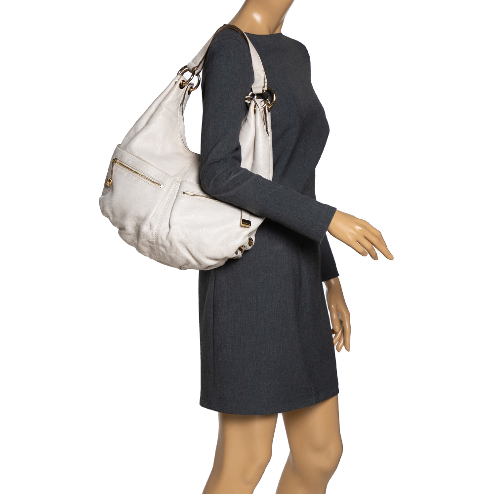 

MICHAEL Michael Kors Ivory Leather Double Pocket Zip Hobo, White