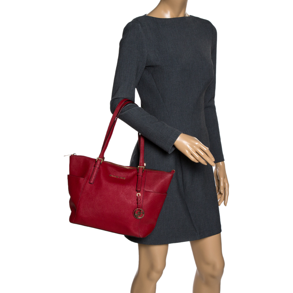 

MICHAEL Michael Kors Red Saffiano Leather Top-zip Jet Set Tote