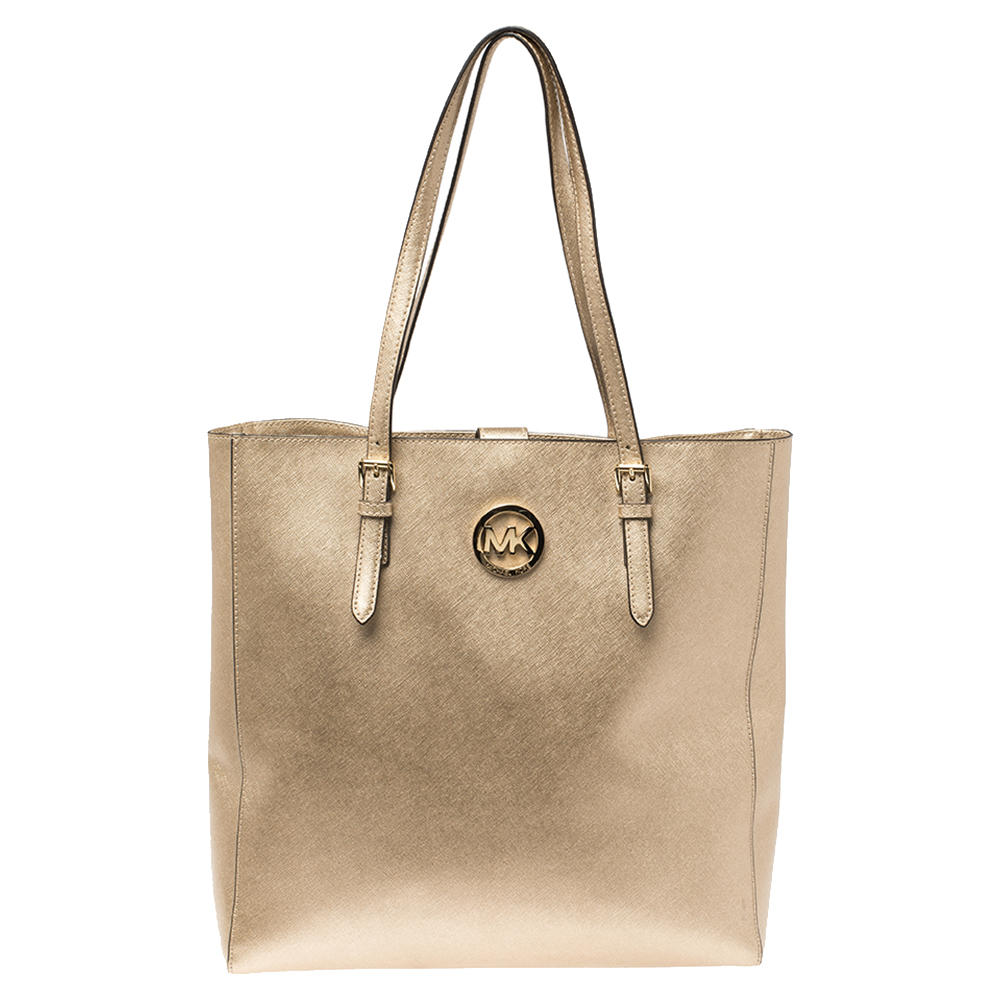 Pre Owned Michael Kors Metallic Gold Leather Jet Set Travel Tote