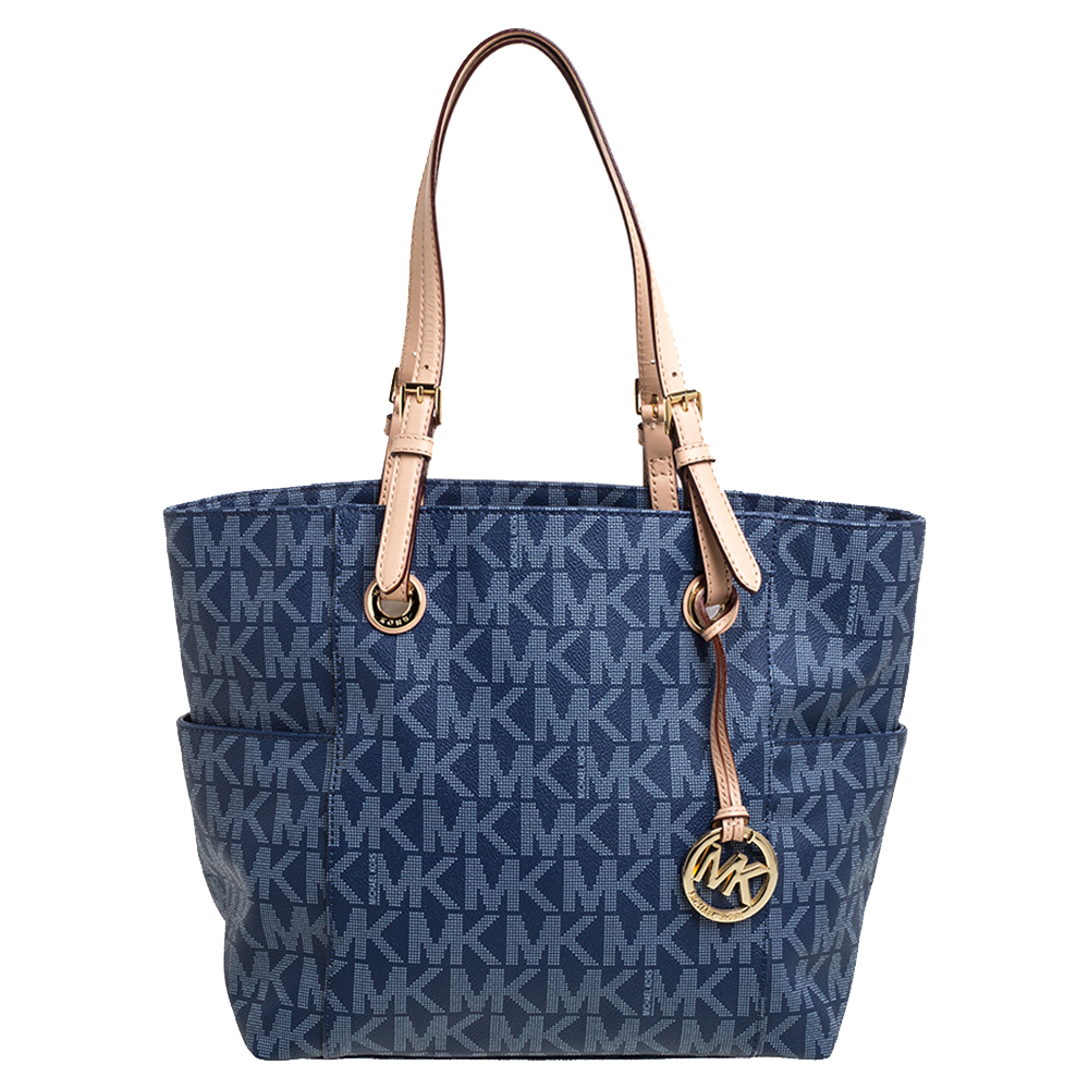 مملوكة مسبقًا MICHAEL Michael Kors Blue Signature Coated Canvas and Leather Jet Set Tote