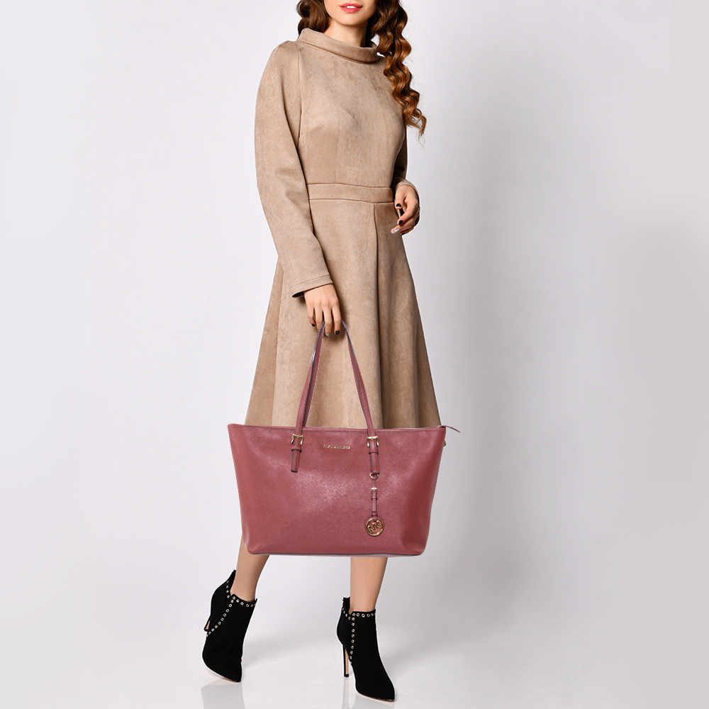 

MICHAEL Michael Kors Dark Red Saffiano Leather Jet Set Travel Tote