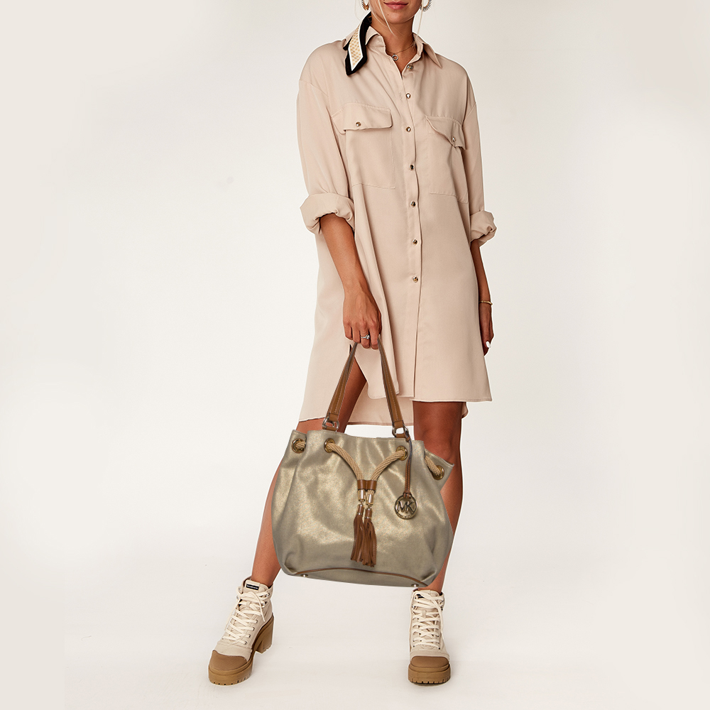 

MICHAEL Michael Kors Metallic Gold/Brown Leather and Canvas Marina Drawstring Tote