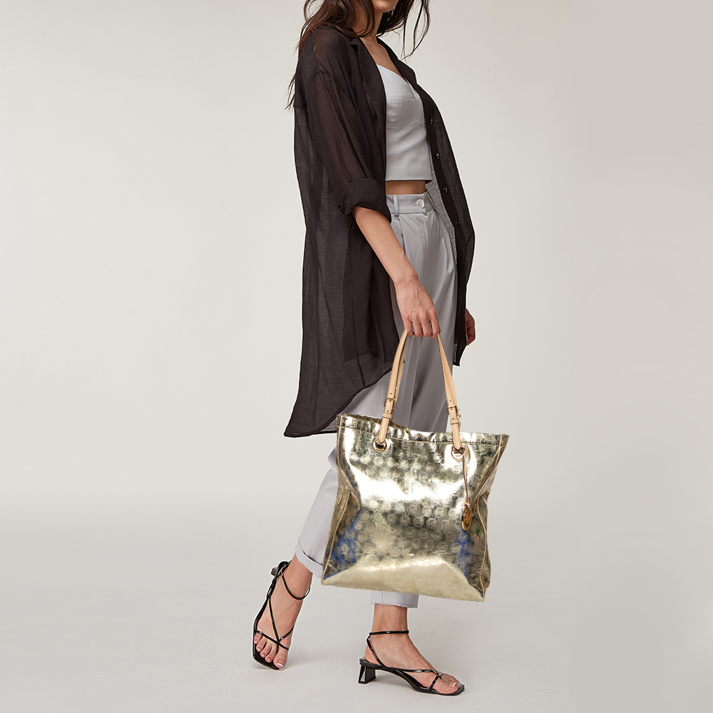 

MICHAEL Michael Kors Metallic Gold Mirror Signature PVC and Leather North South Jet Set Tote