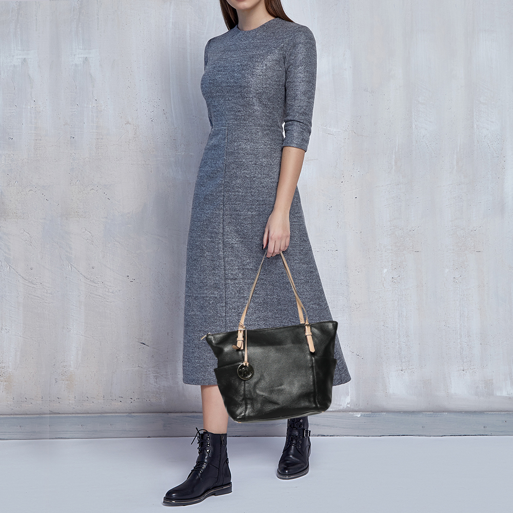 

MICHAEL Michael Kors Black/Beige Leather Jet Set Top-Zip Tote