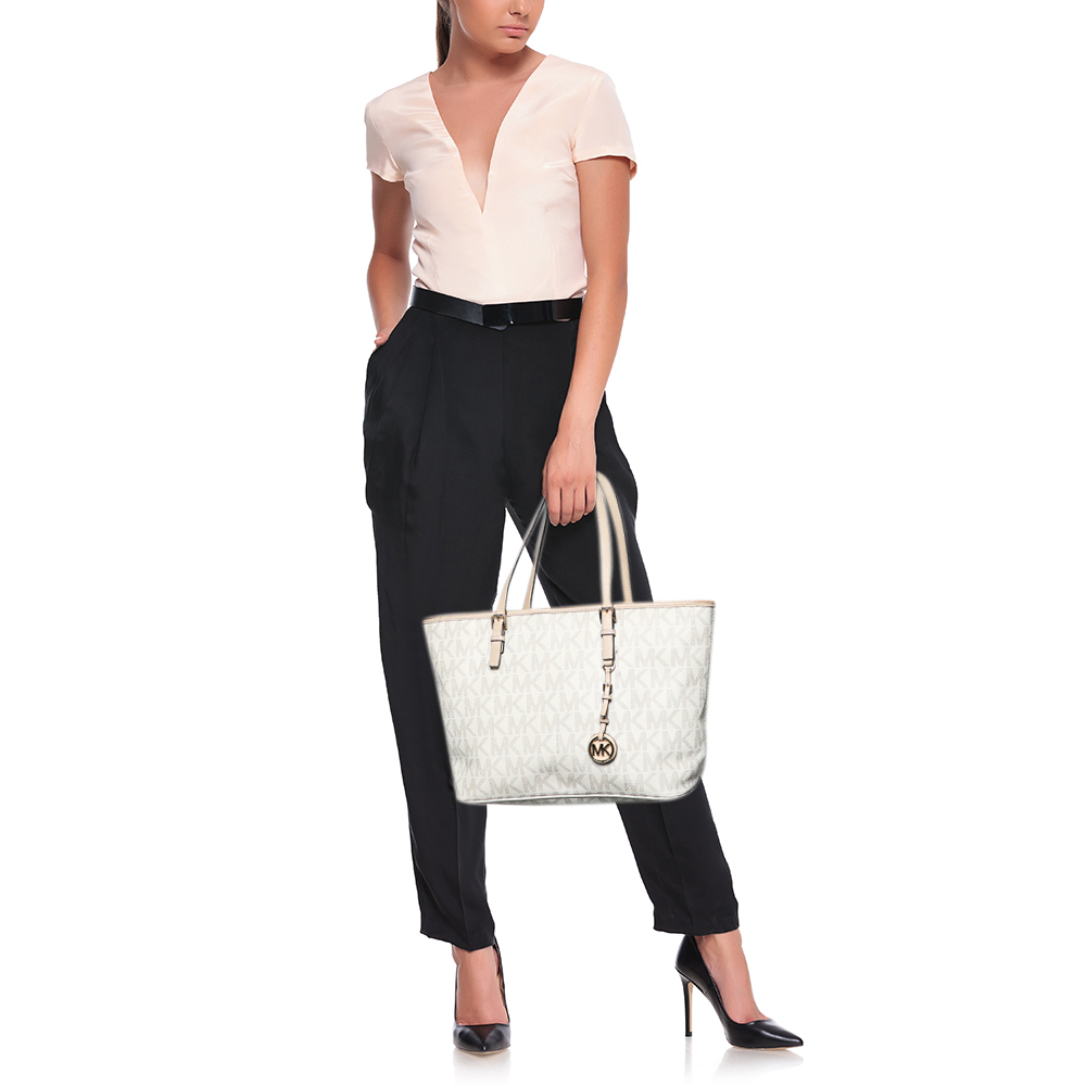 

MICHAEL Michael Kors White/Beige Coated Canvas And Leather Jet Set Travel Tote
