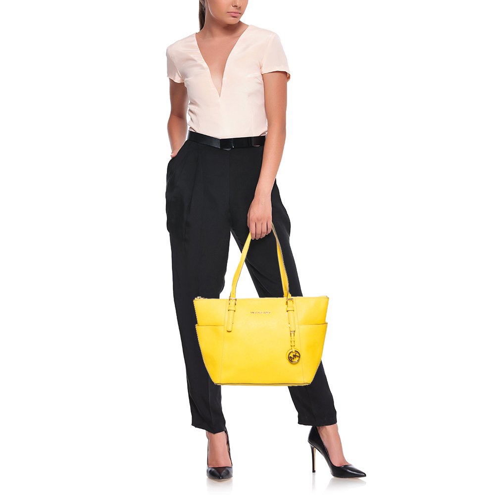 

MICHAEL Michael Kors Yellow Leather Medium Jet Set Top Zip Tote