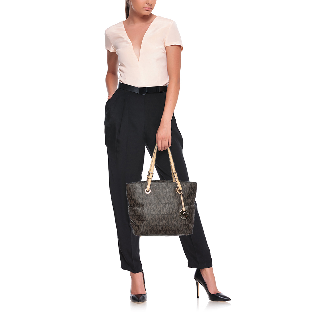 

MICHAEL Michael Kors Brown/Beige Signature Coated Canvas And Leather Jet Set Tote