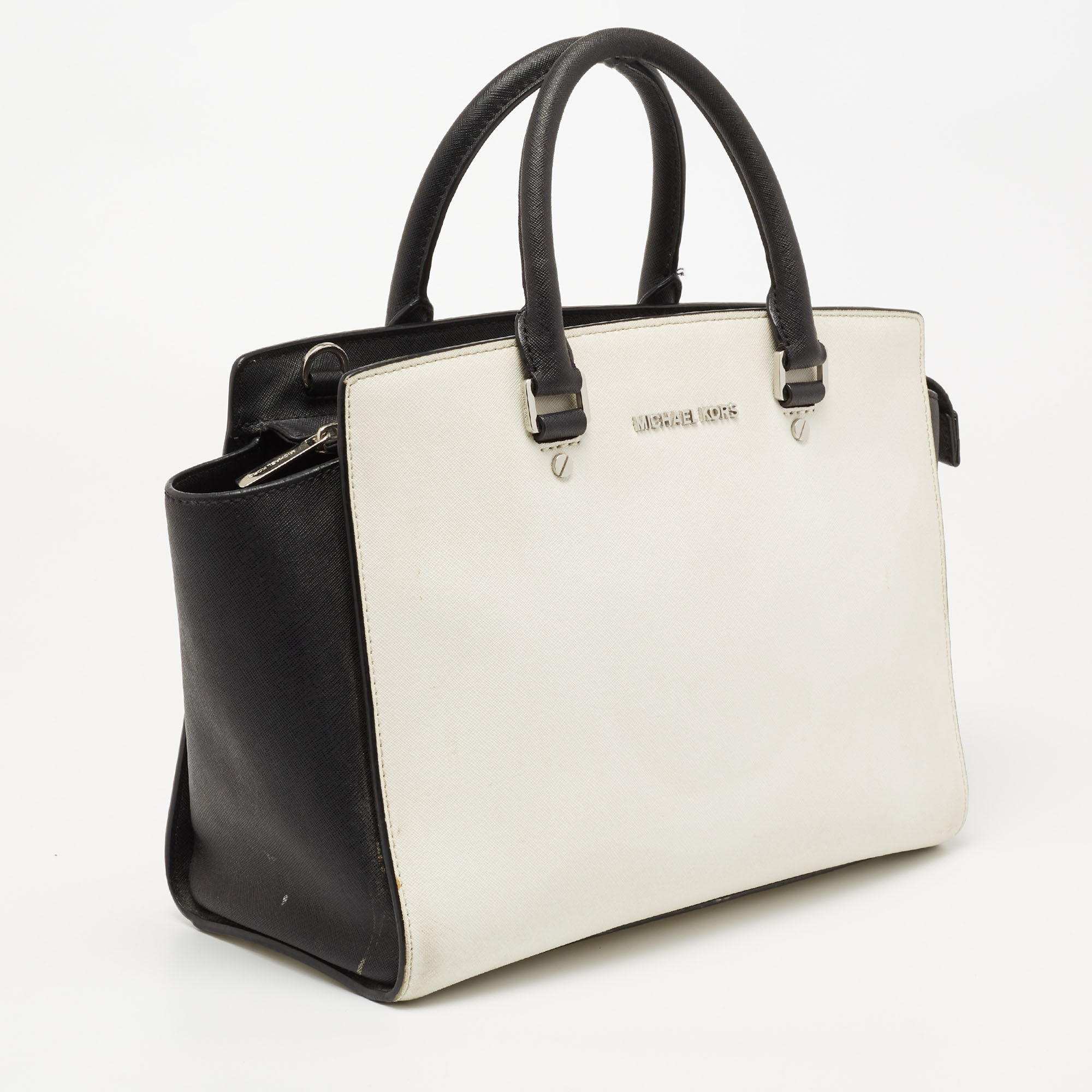 

MICHAEL Michael Kors Black/White Saffiano Leather Large Selma Tote