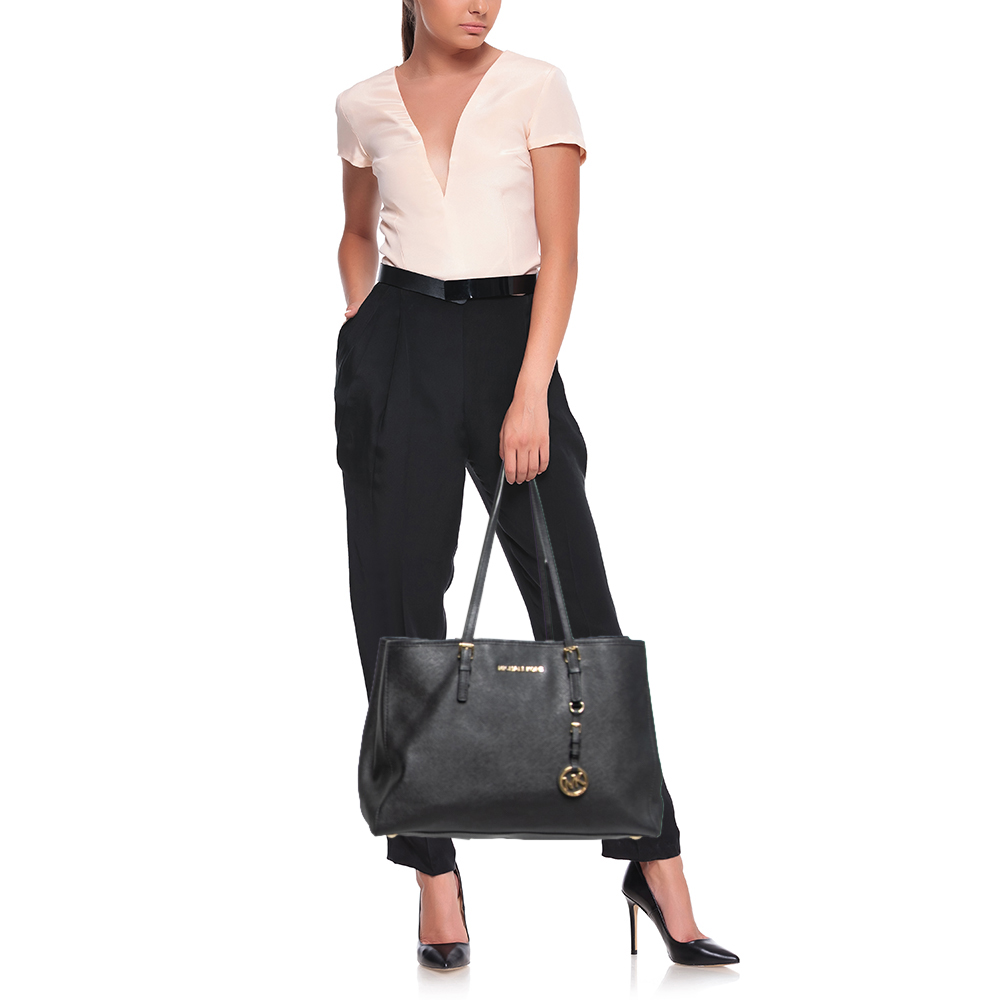 

MICHAEL Michael Kors Black Saffiano Leather Large Jet Set Travel Tote