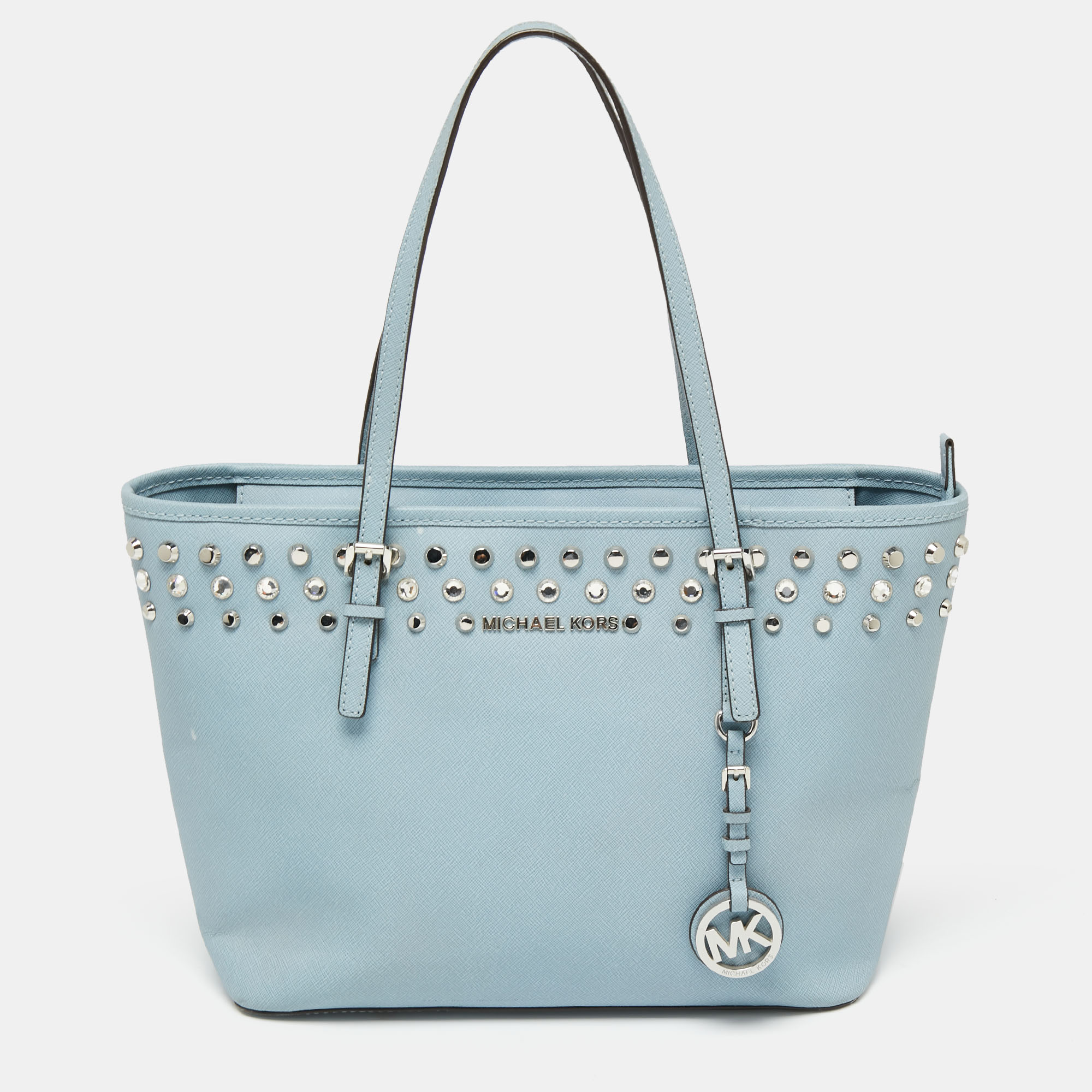 Pre-owned Michael Michael Kors Powder Blue Saffiano Leather Jewel Studded  Jet Set Tote | ModeSens