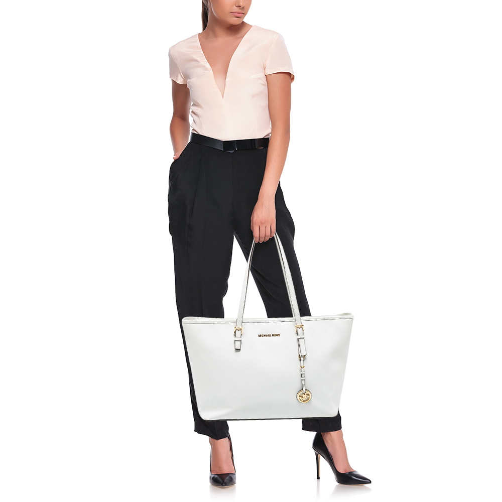 

MICHAEL Michael Kors White Saffiano Leather Travel Jet Set Tote