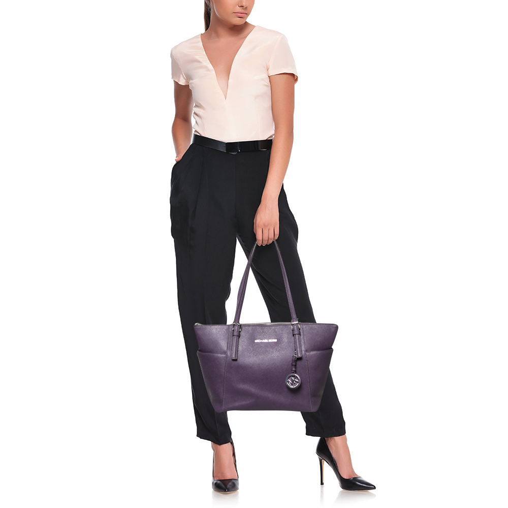 

MICHAEL Michael Kors Purple Leather Medium Jet Set Top Zip Tote