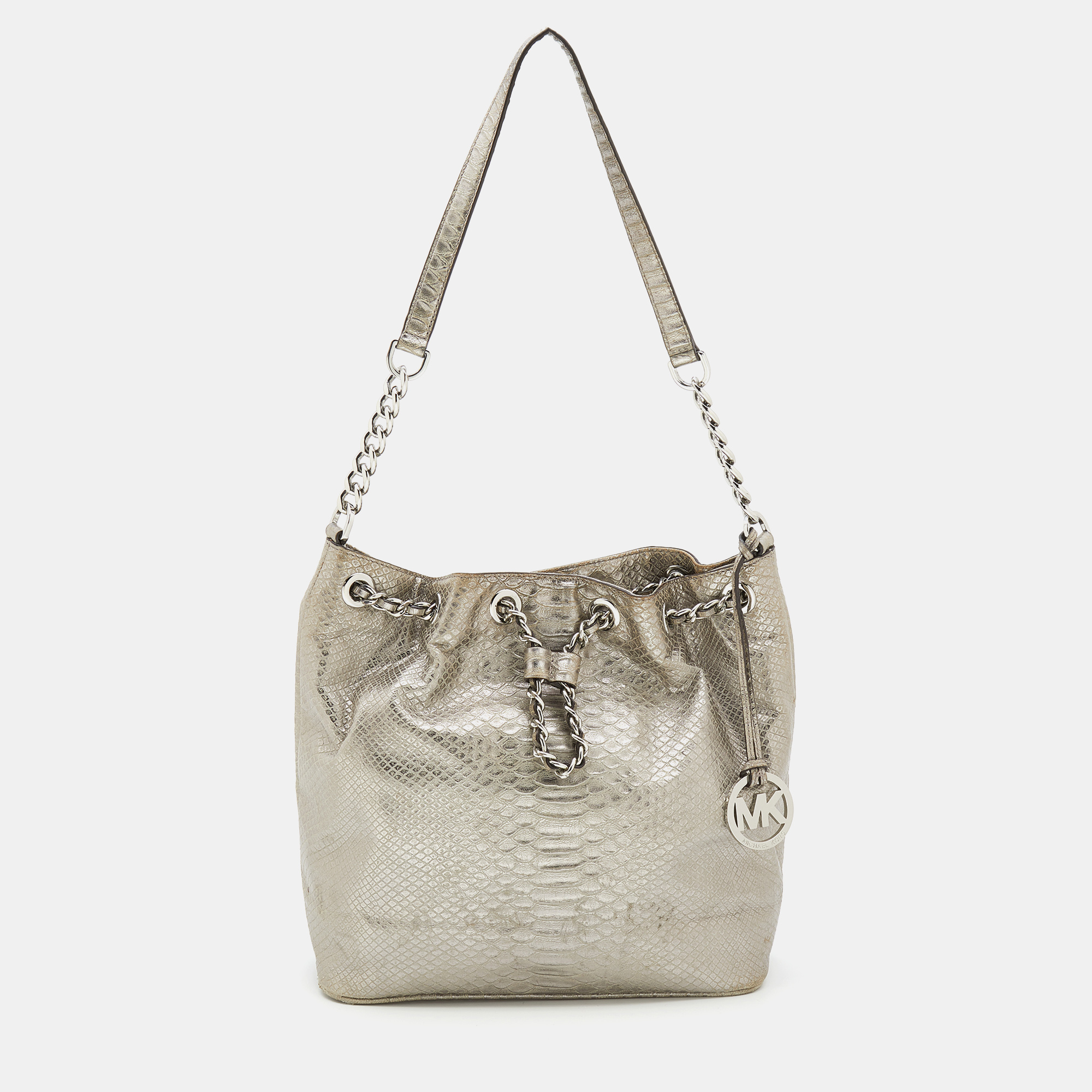 

MICHAEL Michael Kors Metallic Silver Python Embossed Leather Frankie Drawstring Bag