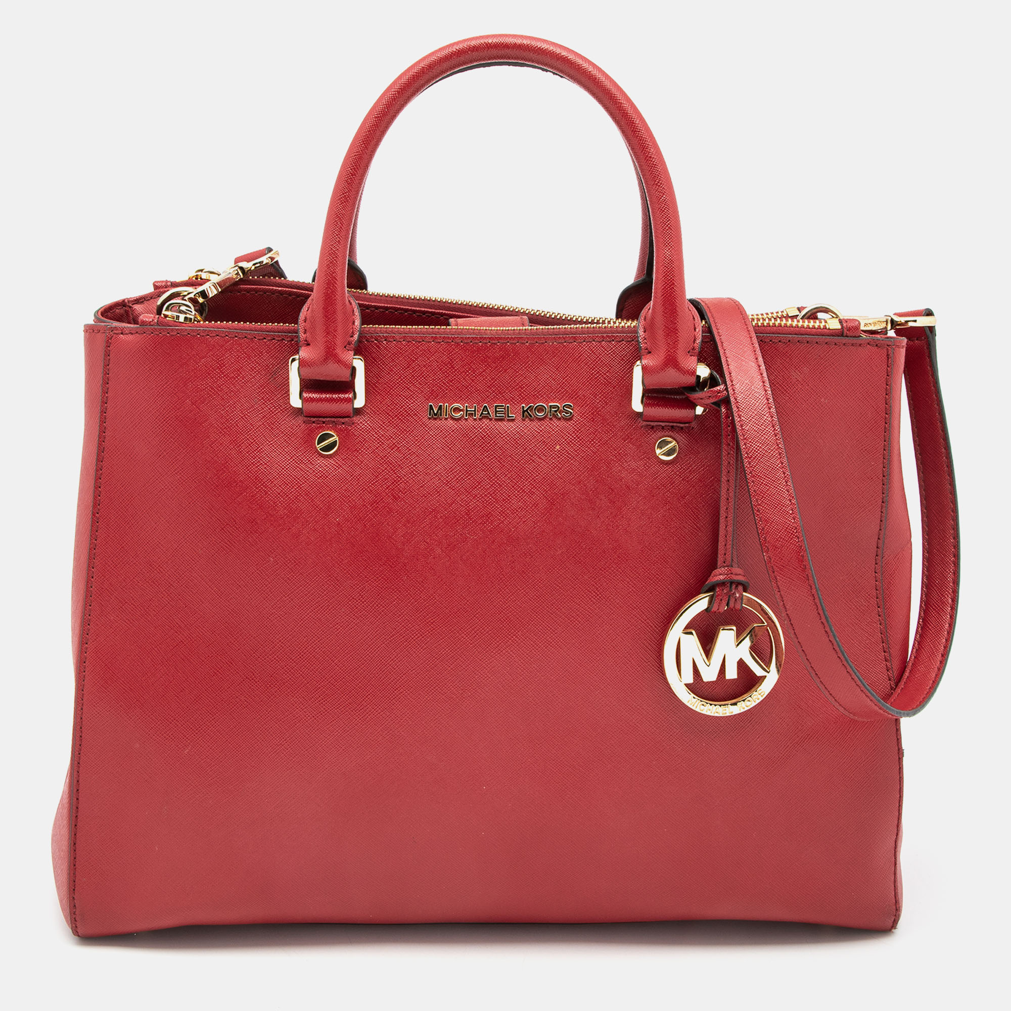 Pre-owned Michael Michael Kors Red Leather Jet Set Double Zip Tote