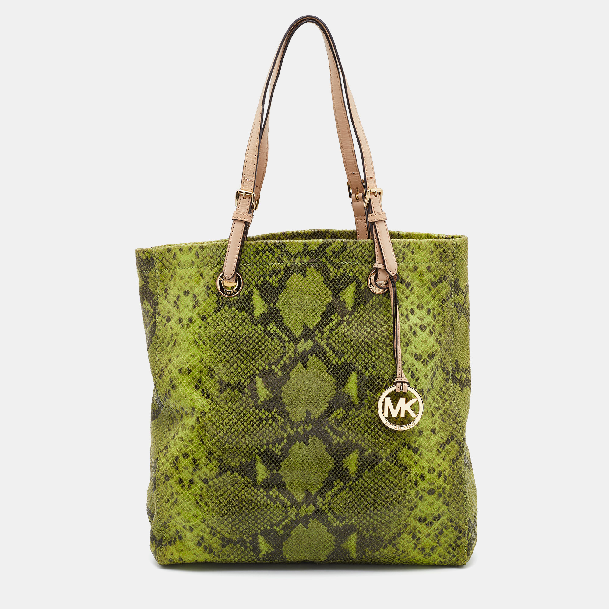 Pre-owned Michael Michael Kors Green/beige Python Embossed Leather North South Tote