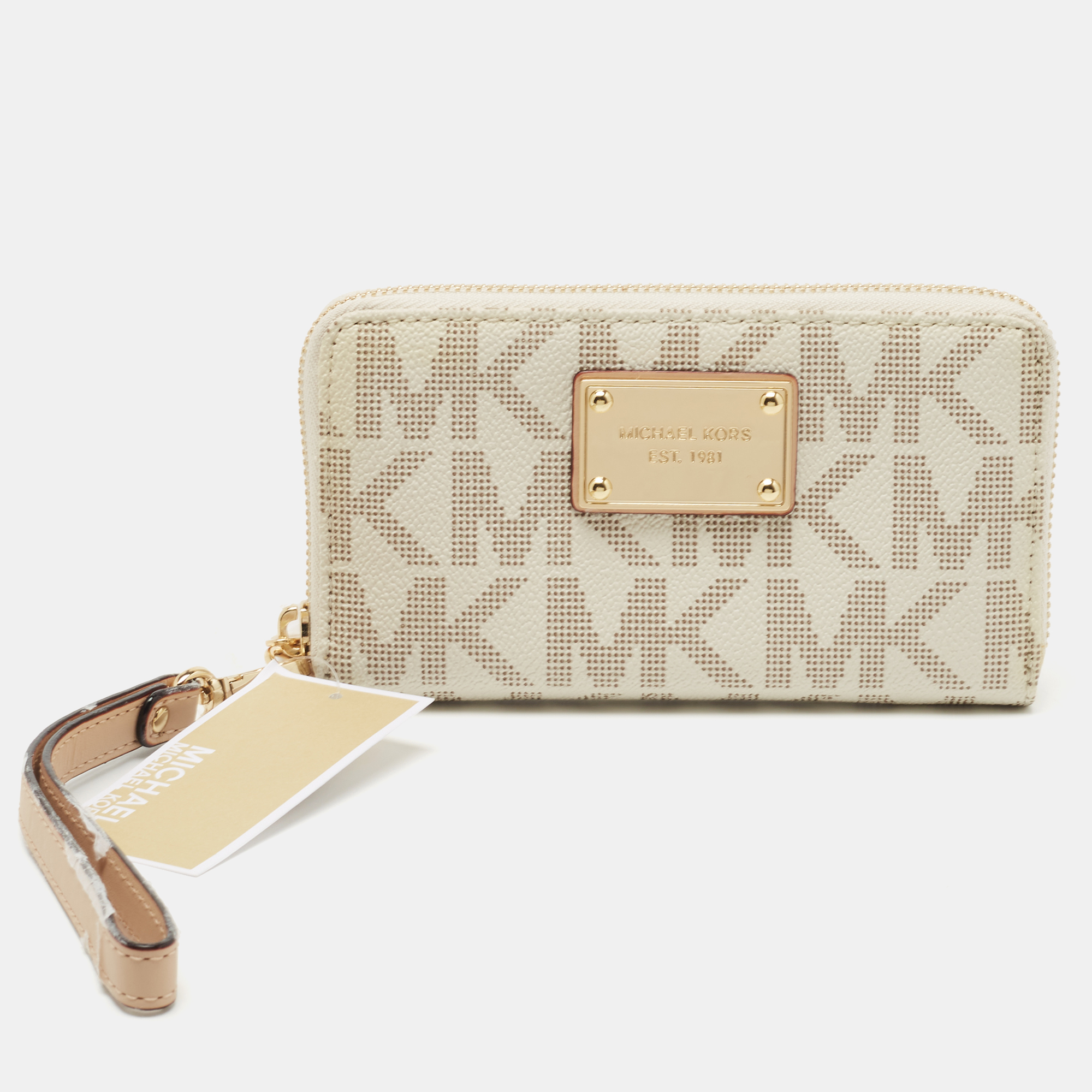 Pre-owned Michael Michael Kors White/beige Signature Coated Canvas Zip Around Wristlet Wallet