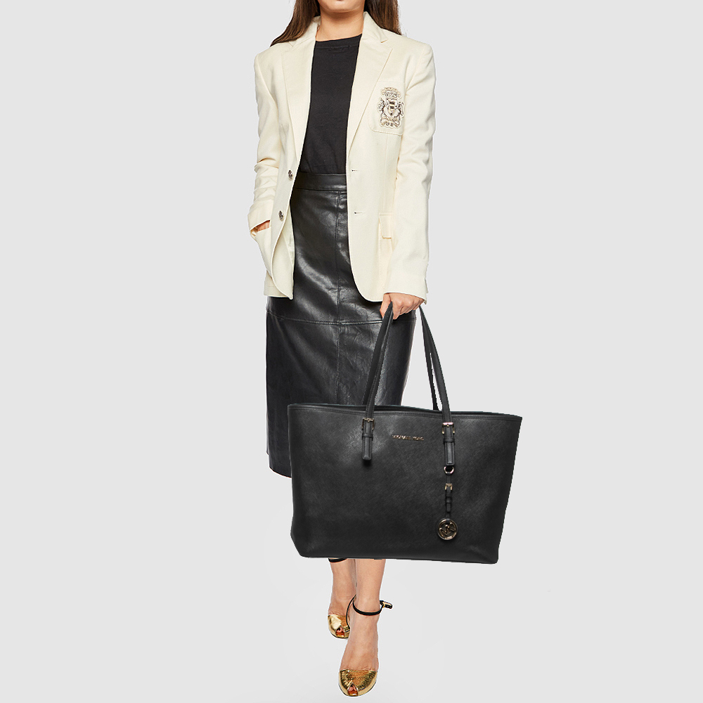 

MICHAEL Michael Kors Black Leather Medium Jet Set Travel Tote