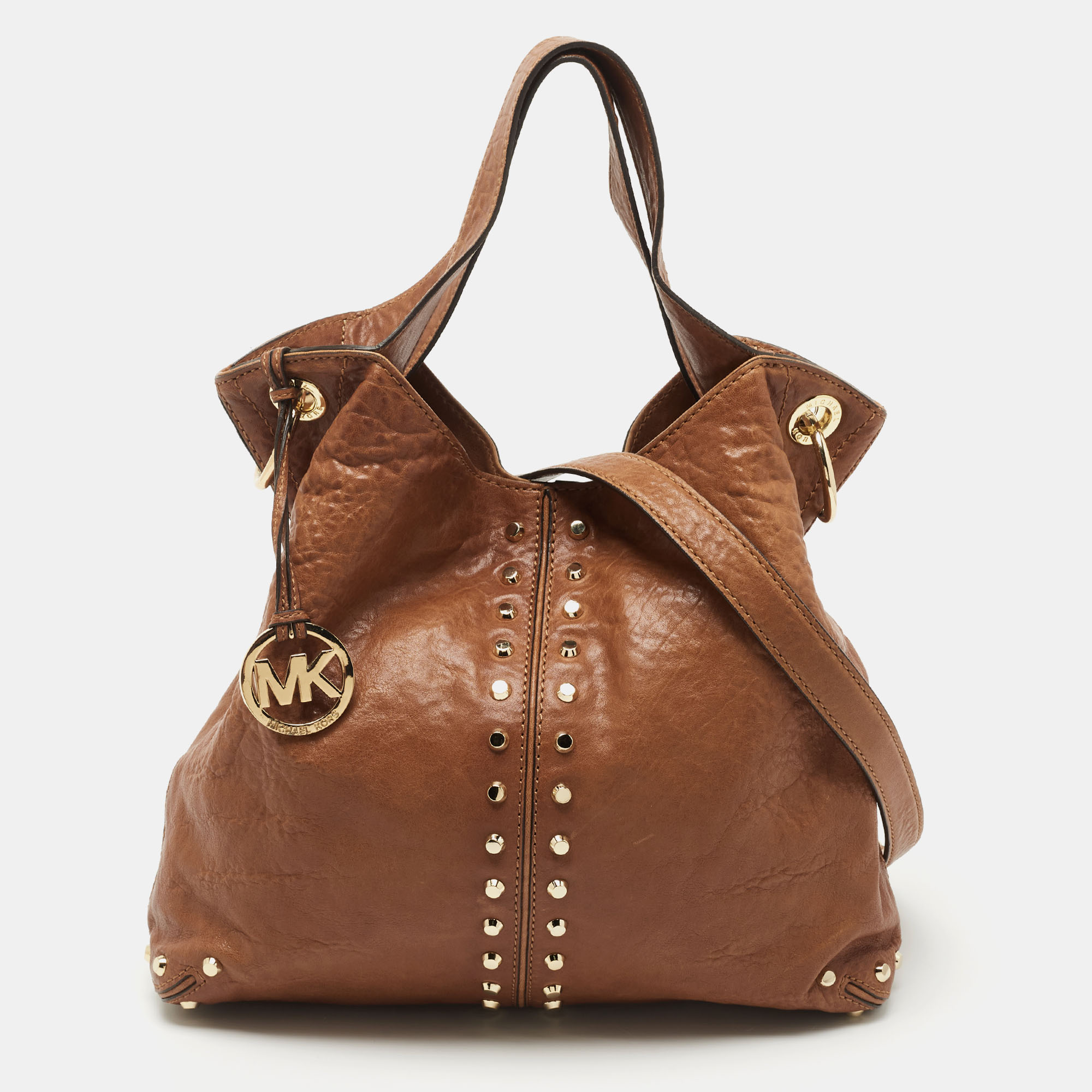 Pre-owned Michael Michael Kors Brown Leather Studded Uptown Astor Hobo