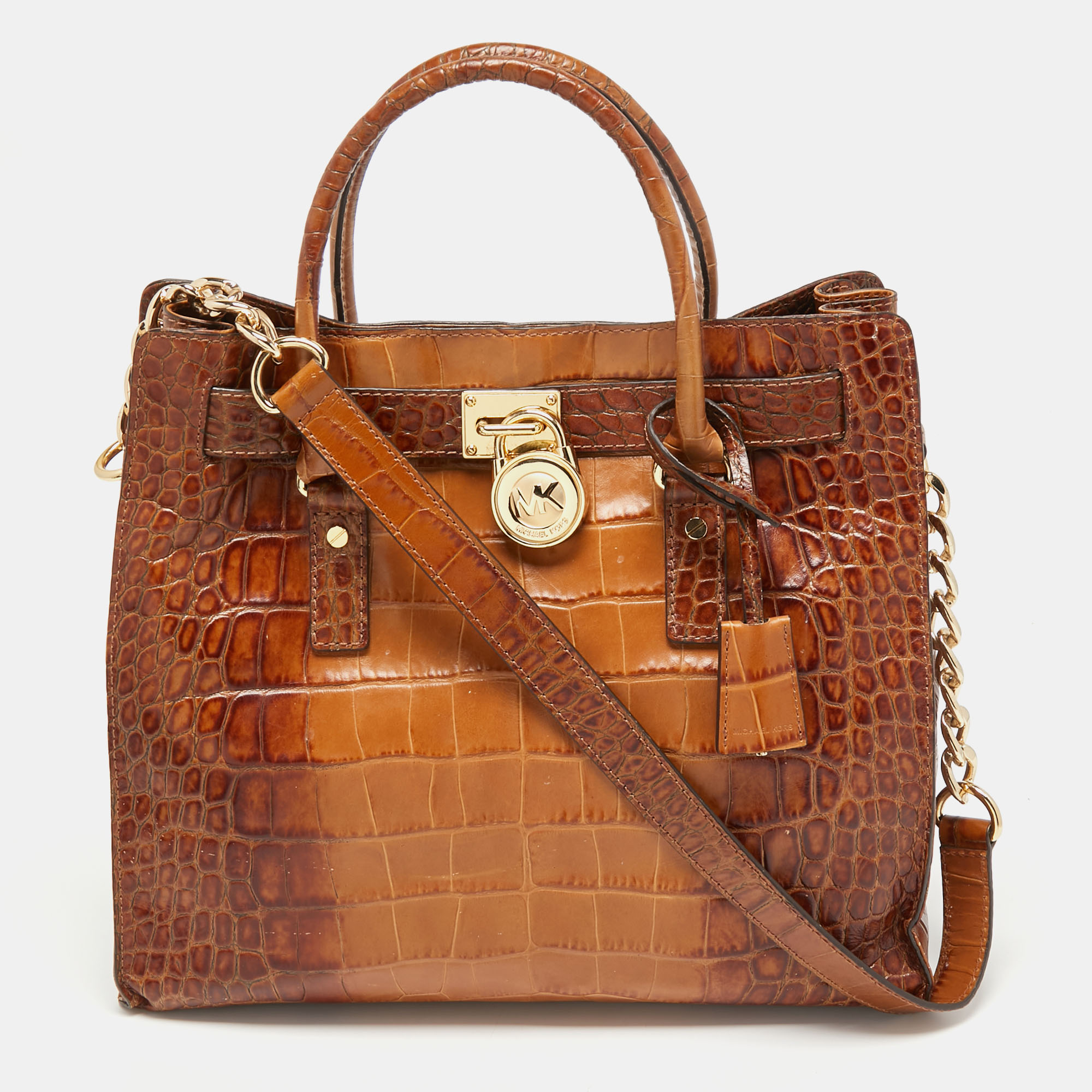 Pre-owned Michael Michael Kors Brown Croc Embossed Leather Large Hamilton North South Tote