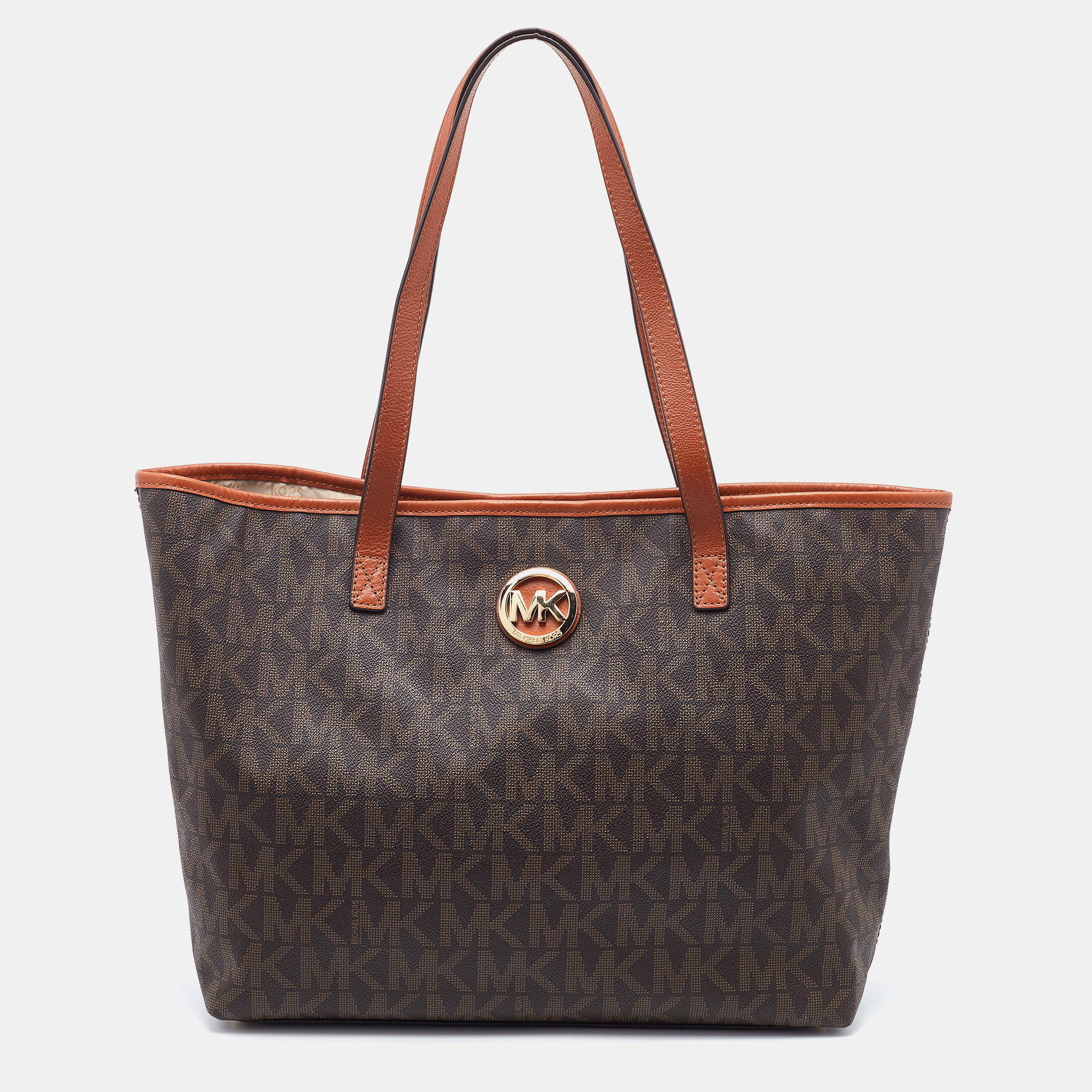 Pre-owned Michael Michael Kors Brown Signature Coated Canvas And Leather Jet Set Tote