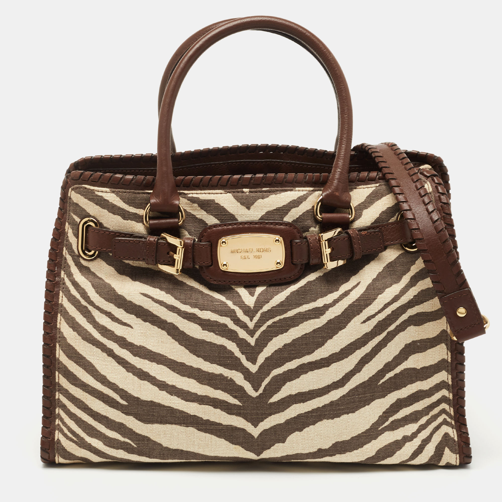 Pre-owned Michael Michael Kors Brown Zebra Print Canvas And Leather Hamilton Whipstitch Tote