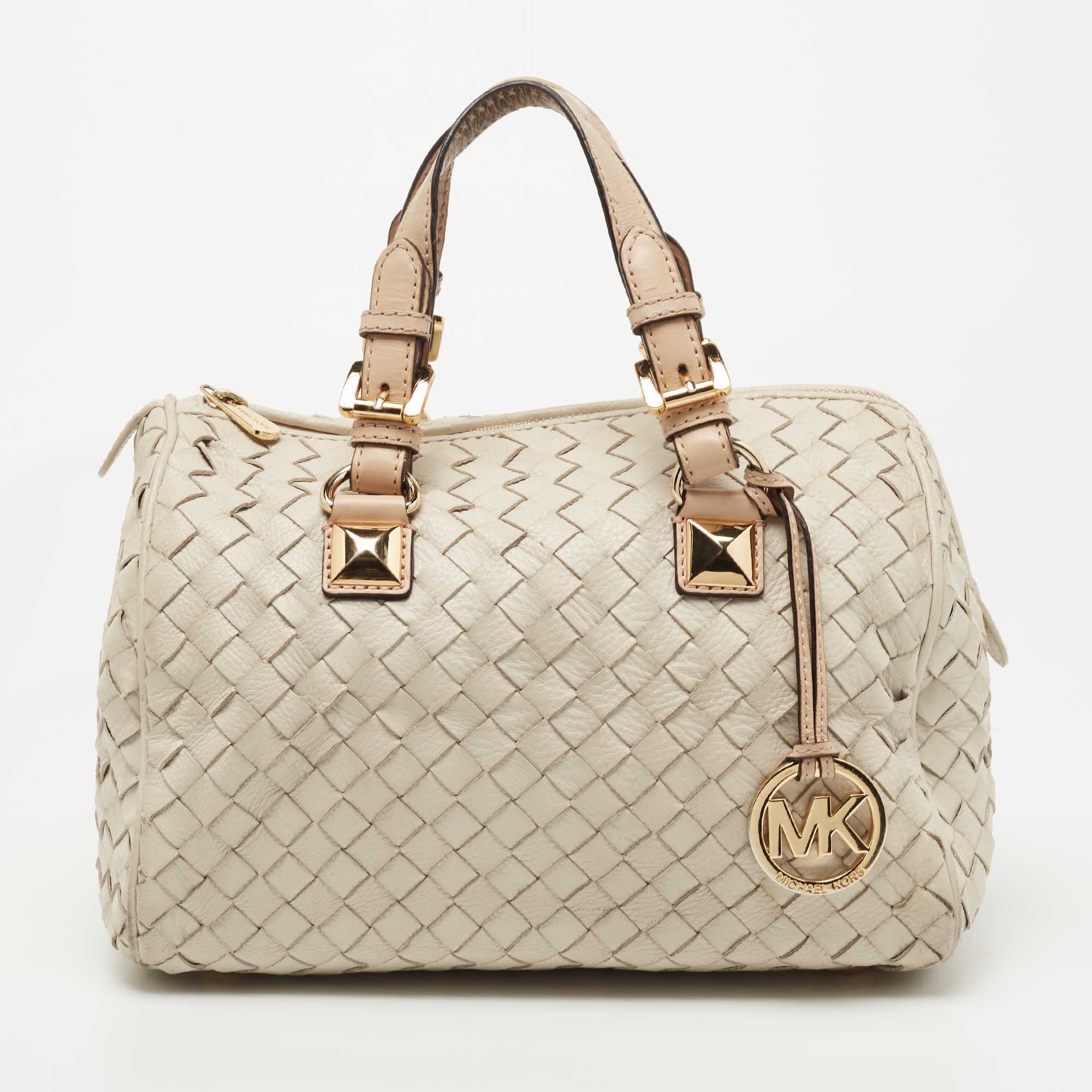 Pre-owned Michael Michael Kors Off White/beige Woven Leather Grayson Boston Bag