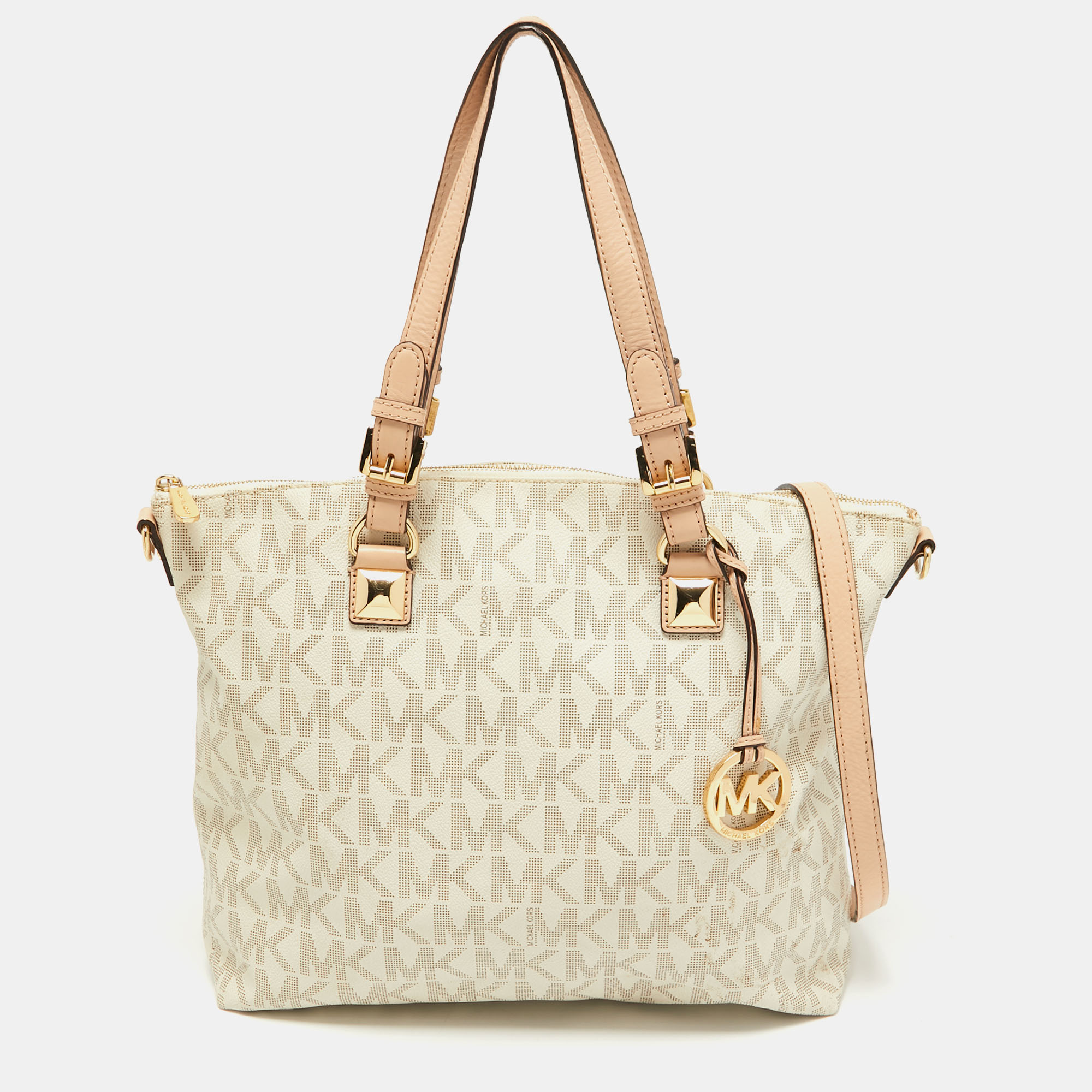 Pre-owned Michael Michael Kors Ivory Signature Coated Canvas And Leather Jet Set Zip Tote In Beige