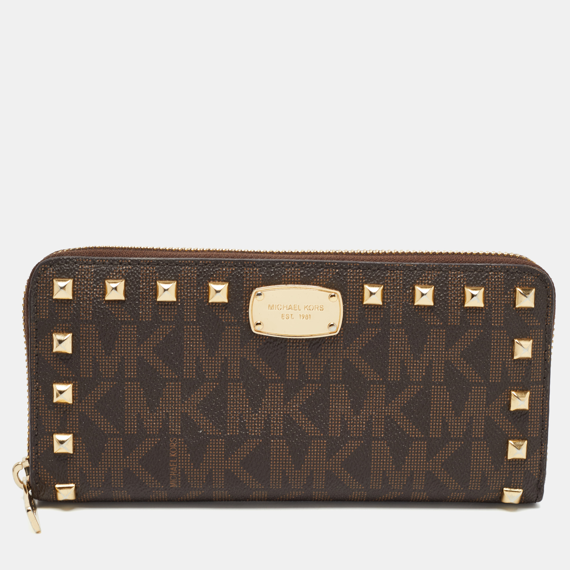 Pre-owned Michael Michael Kors Michael Kors Brown Signature Coated Canvas Studded Zip Around Wallet