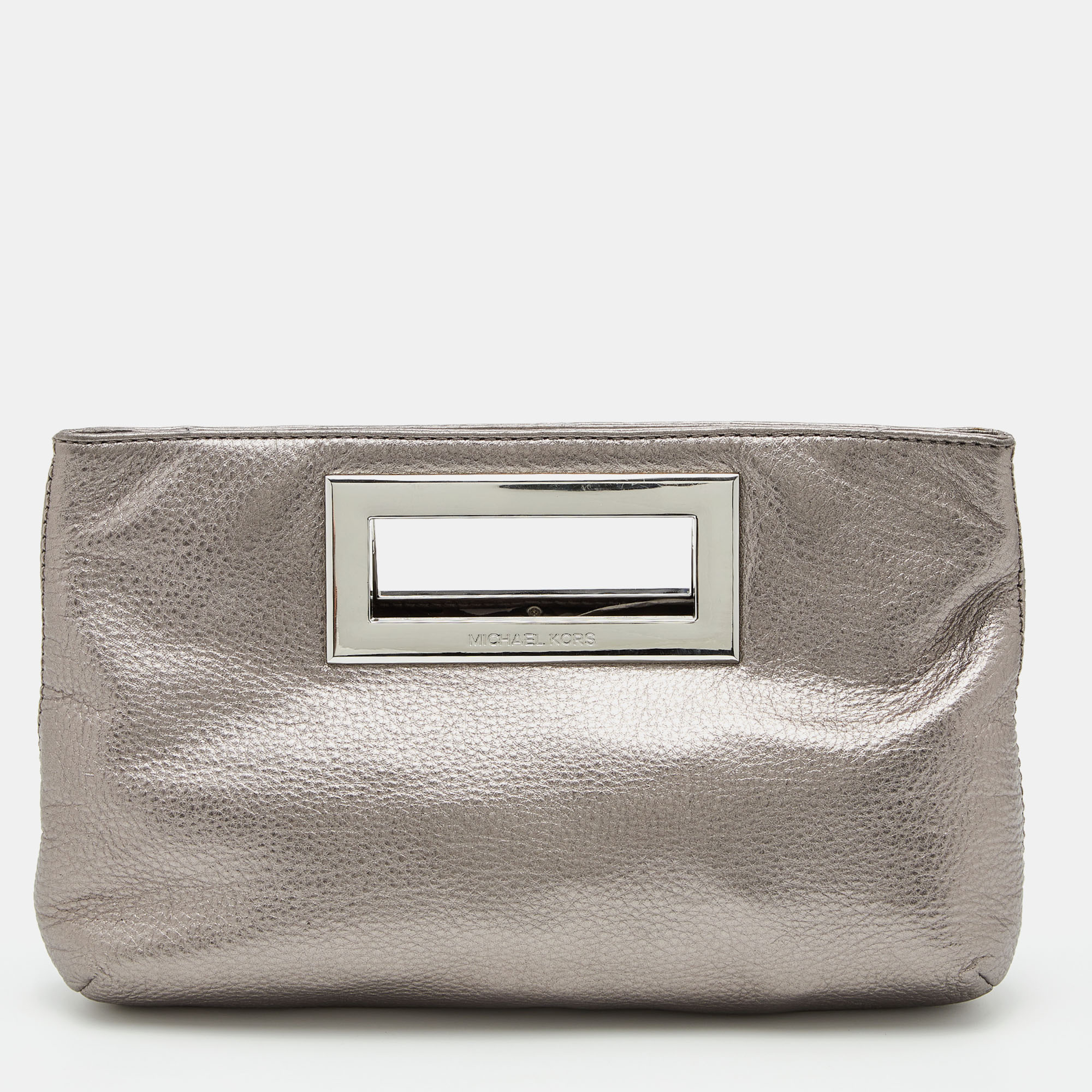 Pre-owned Michael Michael Kors Metallic Grey Leather Top Handle Frame Clutch