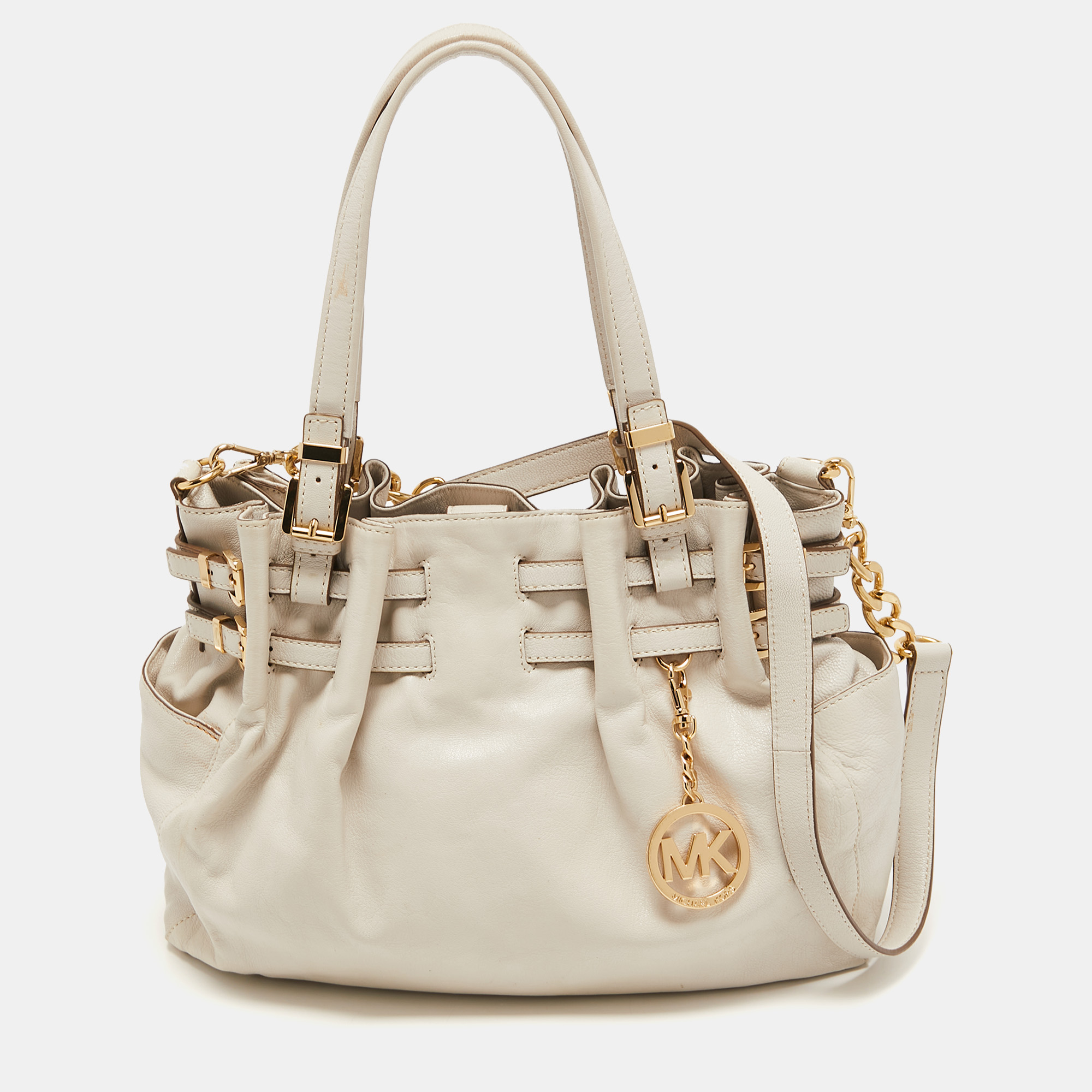 Pre-owned Michael Michael Kors Off White Leather Large Edie Shoulder Bag