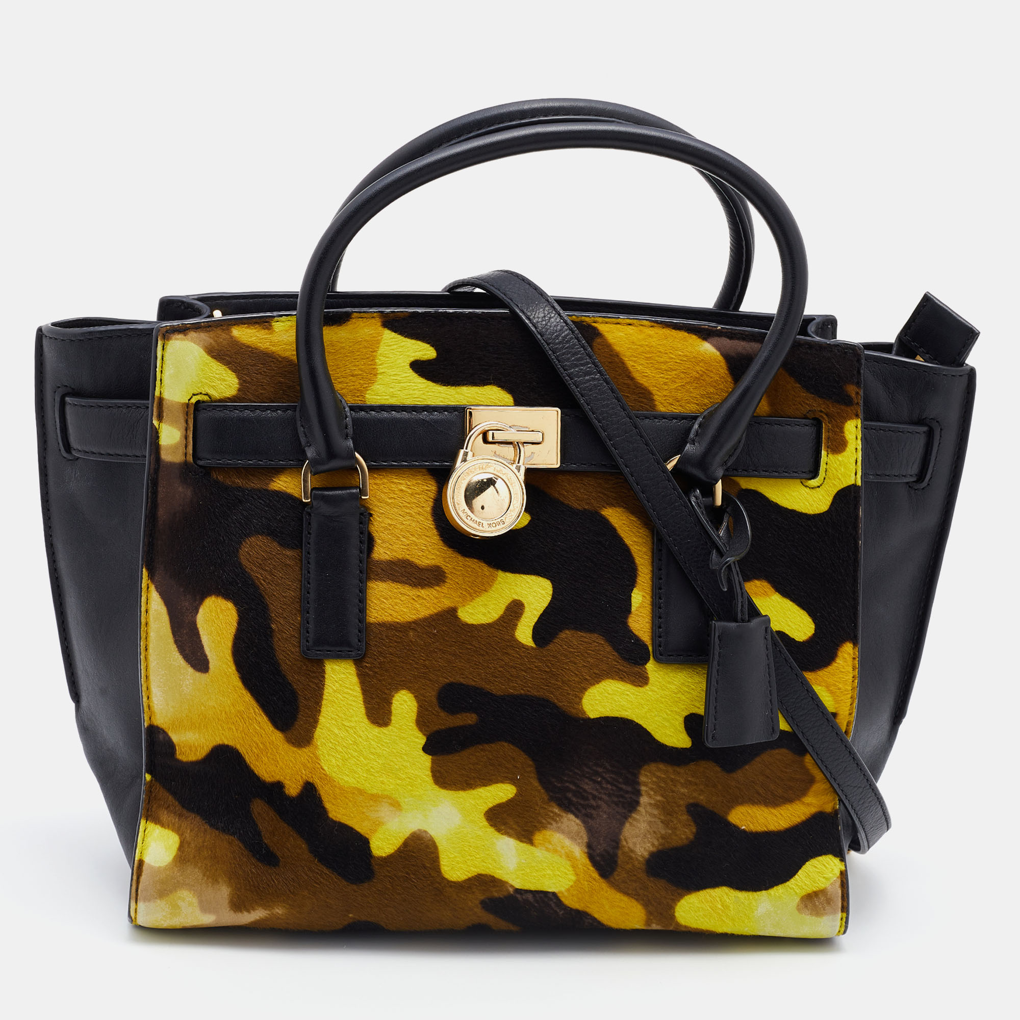 Pre-owned Michael Michael Kors Black/yellow Camouflage Calfhair And Leather Hamilton Tote