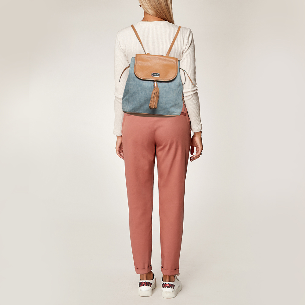 

MICHAEL Michael Kors Blue/Brown Denim and Leather Drawstring Backpack