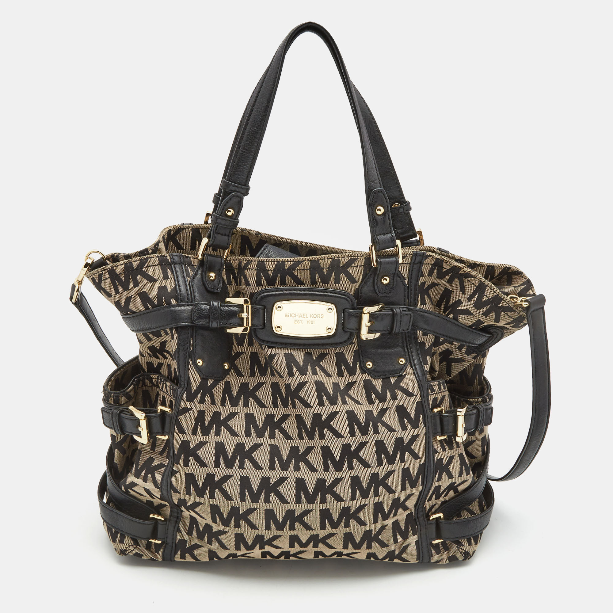 Pre-owned Michael Michael Kors Black/beige Signature Canvas Leather Gansevoort Tote