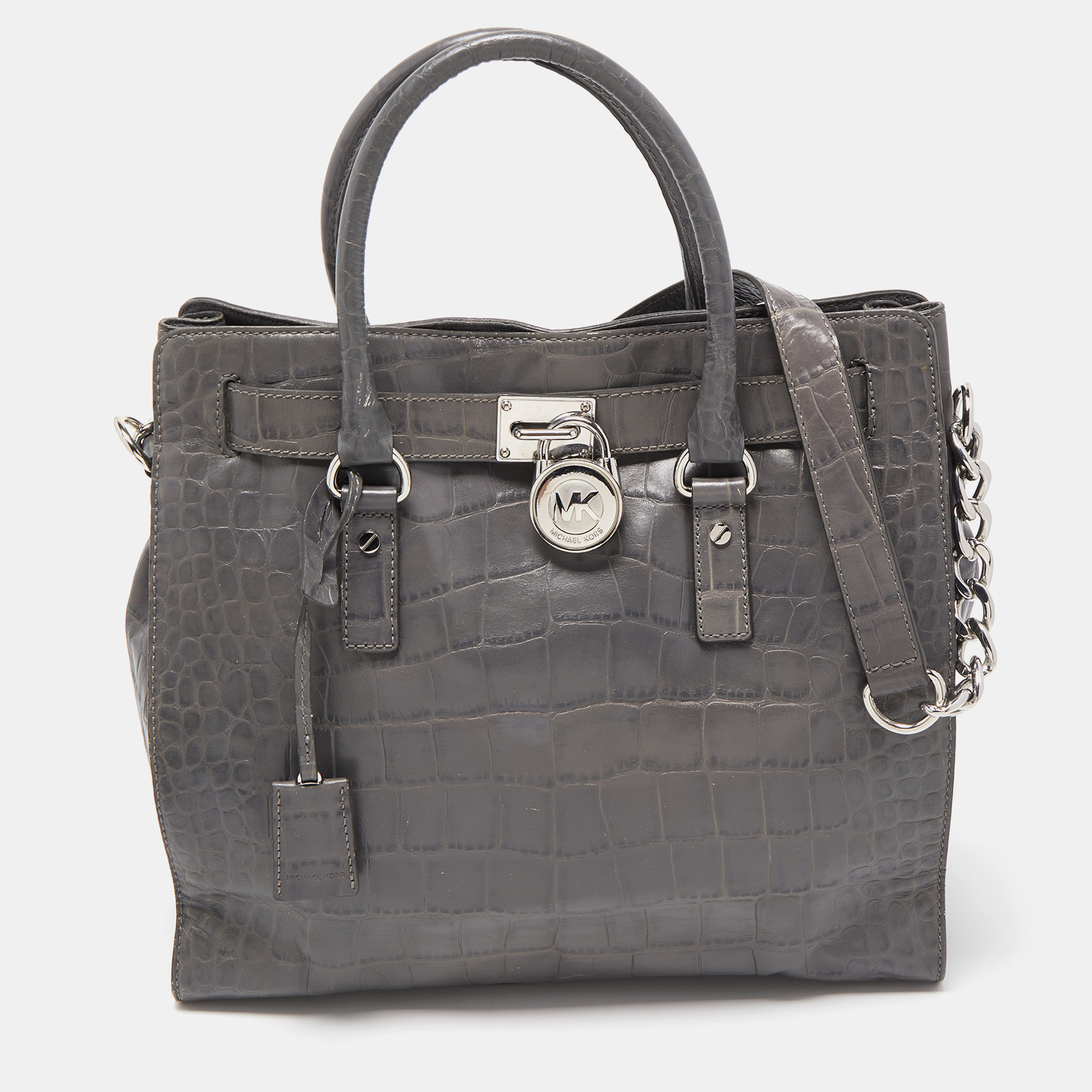 Pre-owned Michael Michael Kors Grey Croc Embossed Leather Large Hamilton North South Tote