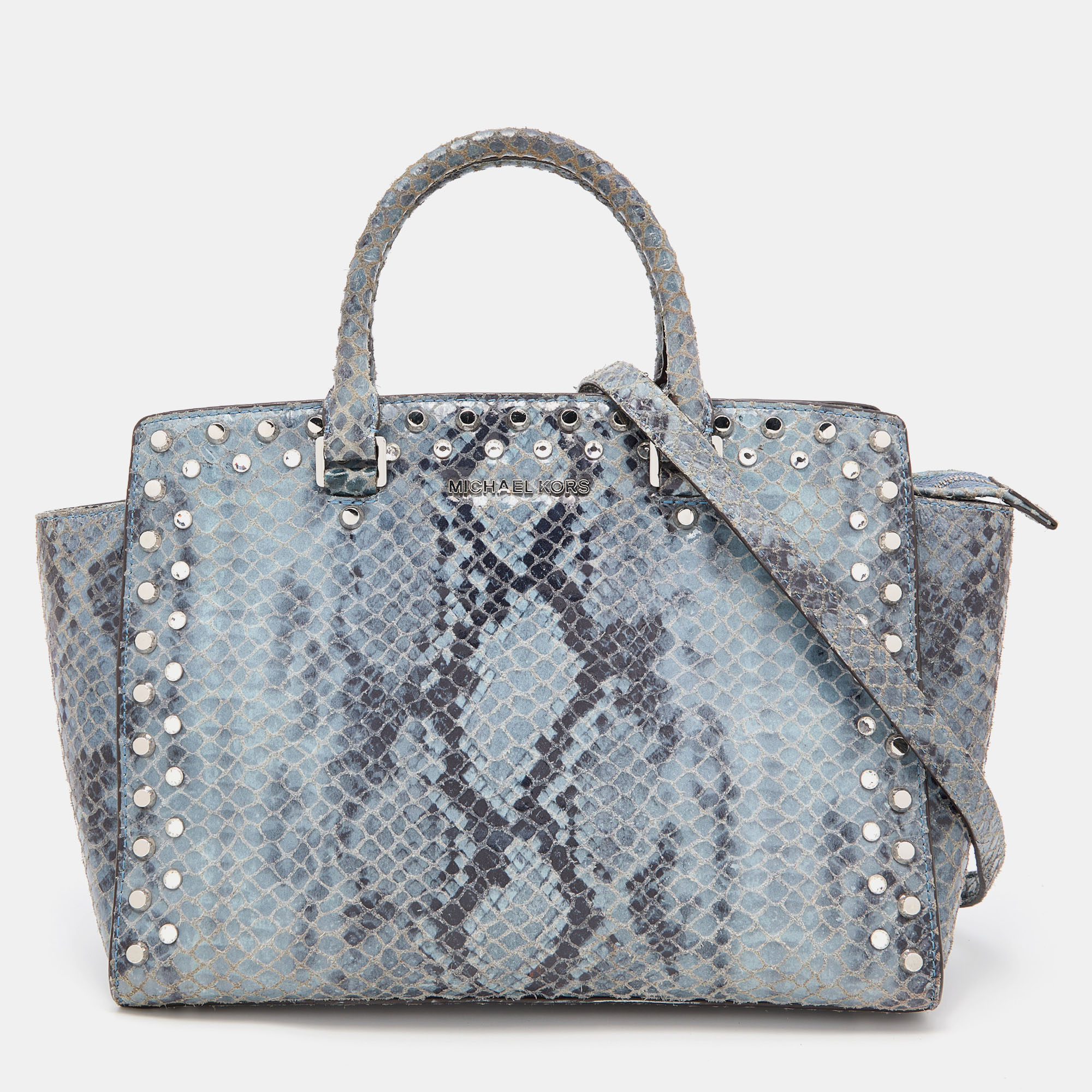 Pre-owned Michael Michael Kors Blue Python Embossed Leather Large Embellished Selma Satchel