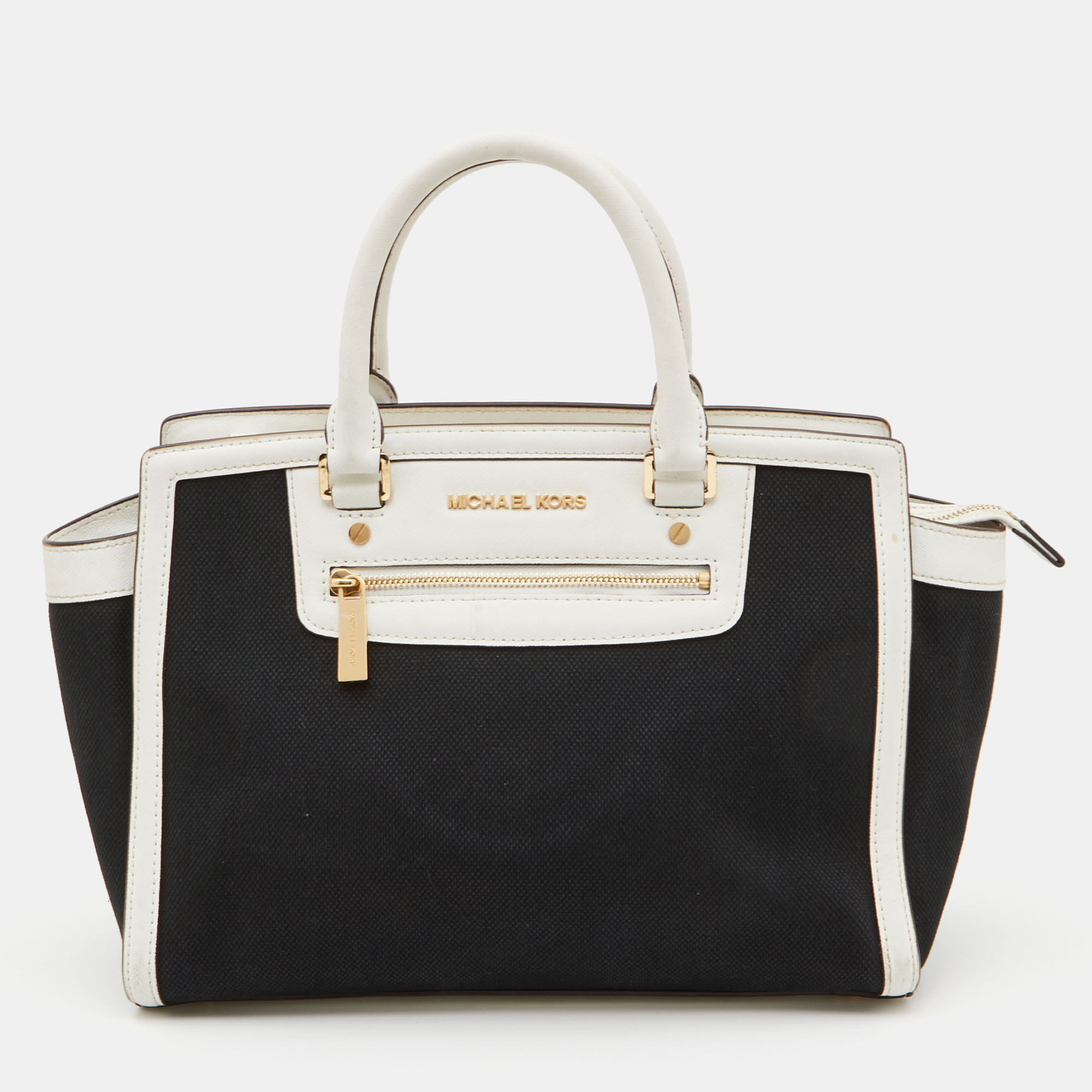 Pre-owned Michael Michael Kors Black/white Canvas And Leather Selma Satchel