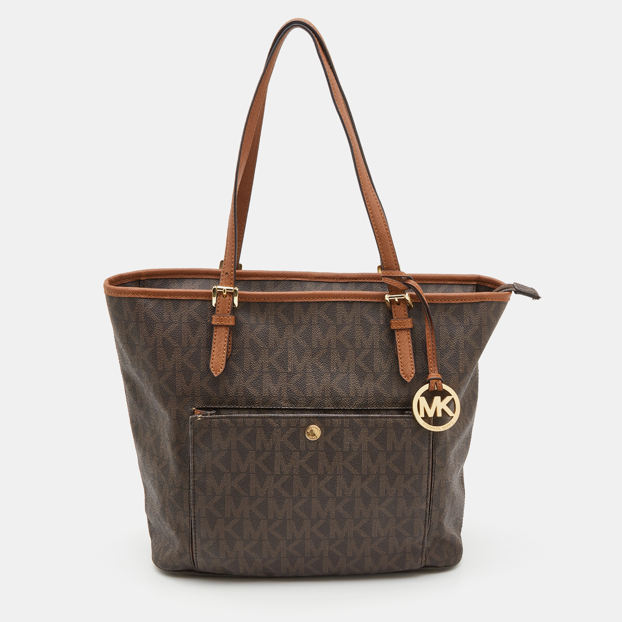 Pre-owned Michael Michael Kors Brown/tan Signature Coated Canvas And Leather Jet Set Tote