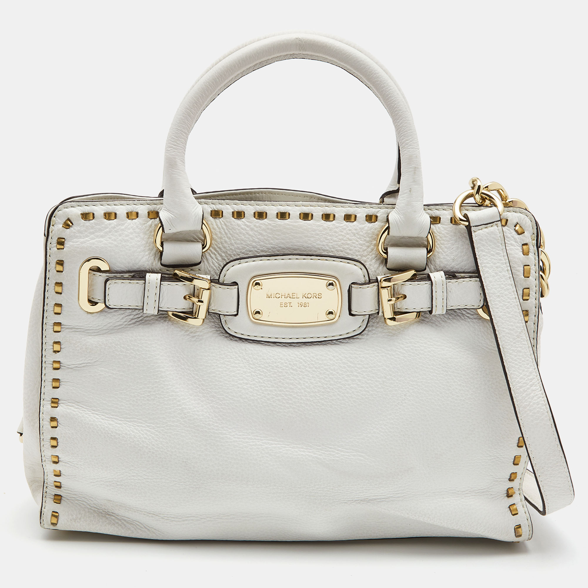 Pre-owned Michael Michael Kors White Leather Studded Hamilton Tote