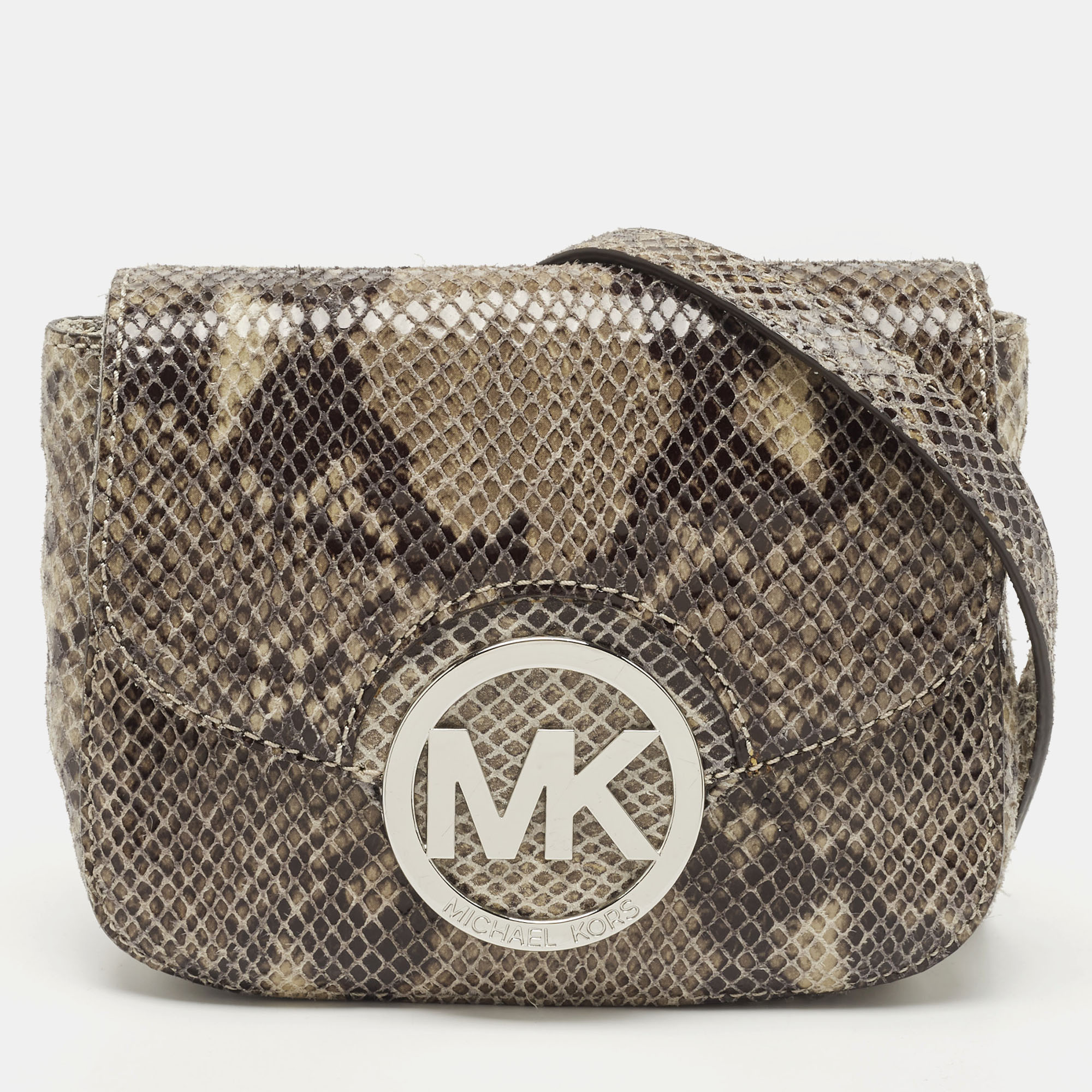

MICHAEL Michael Kors Black/Beige Python Embossed Leather Fulton Flap Crossbody Bag