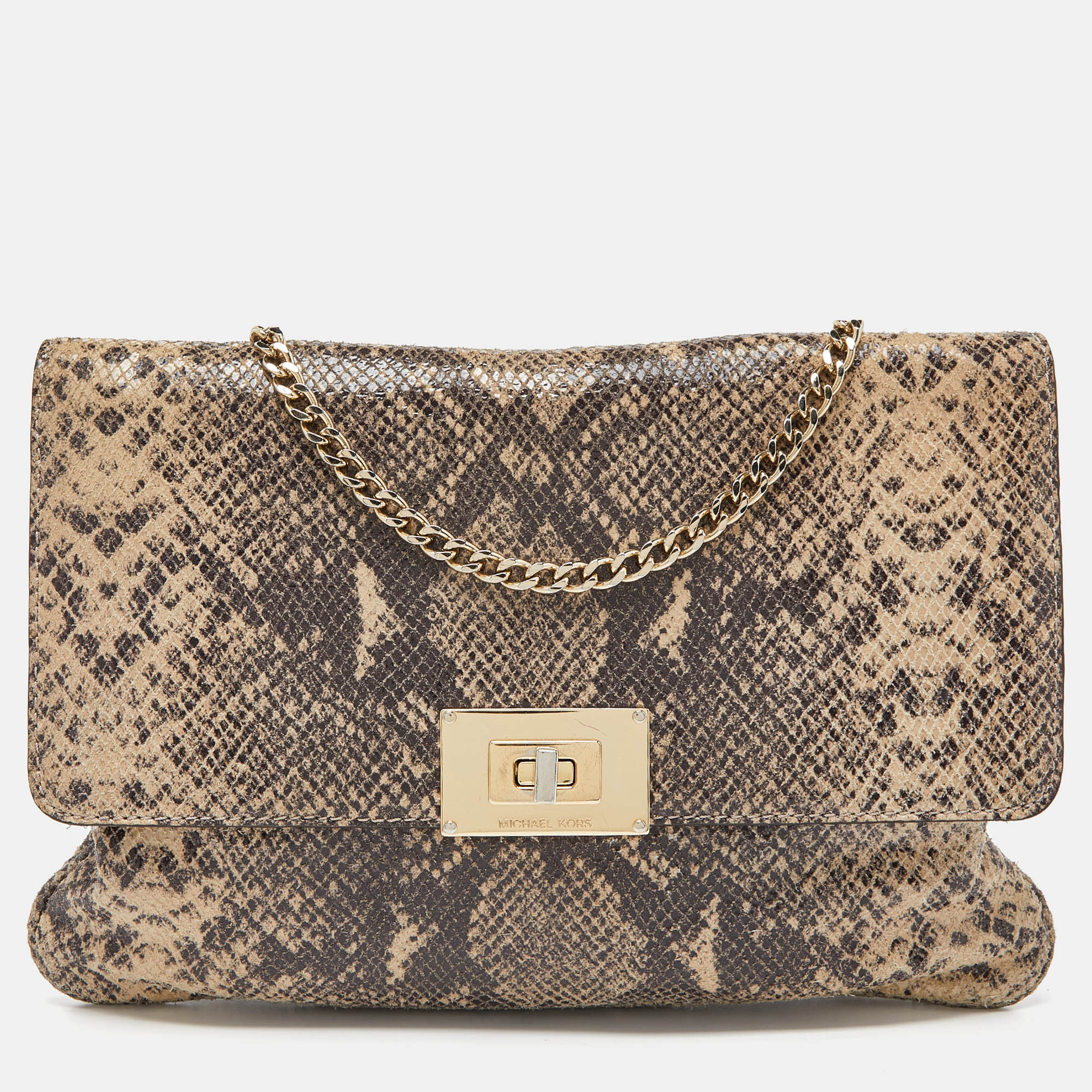 Pre-owned Michael Michael Kors Beige Python Effect Leather Oversized Sloan Chain Clutch