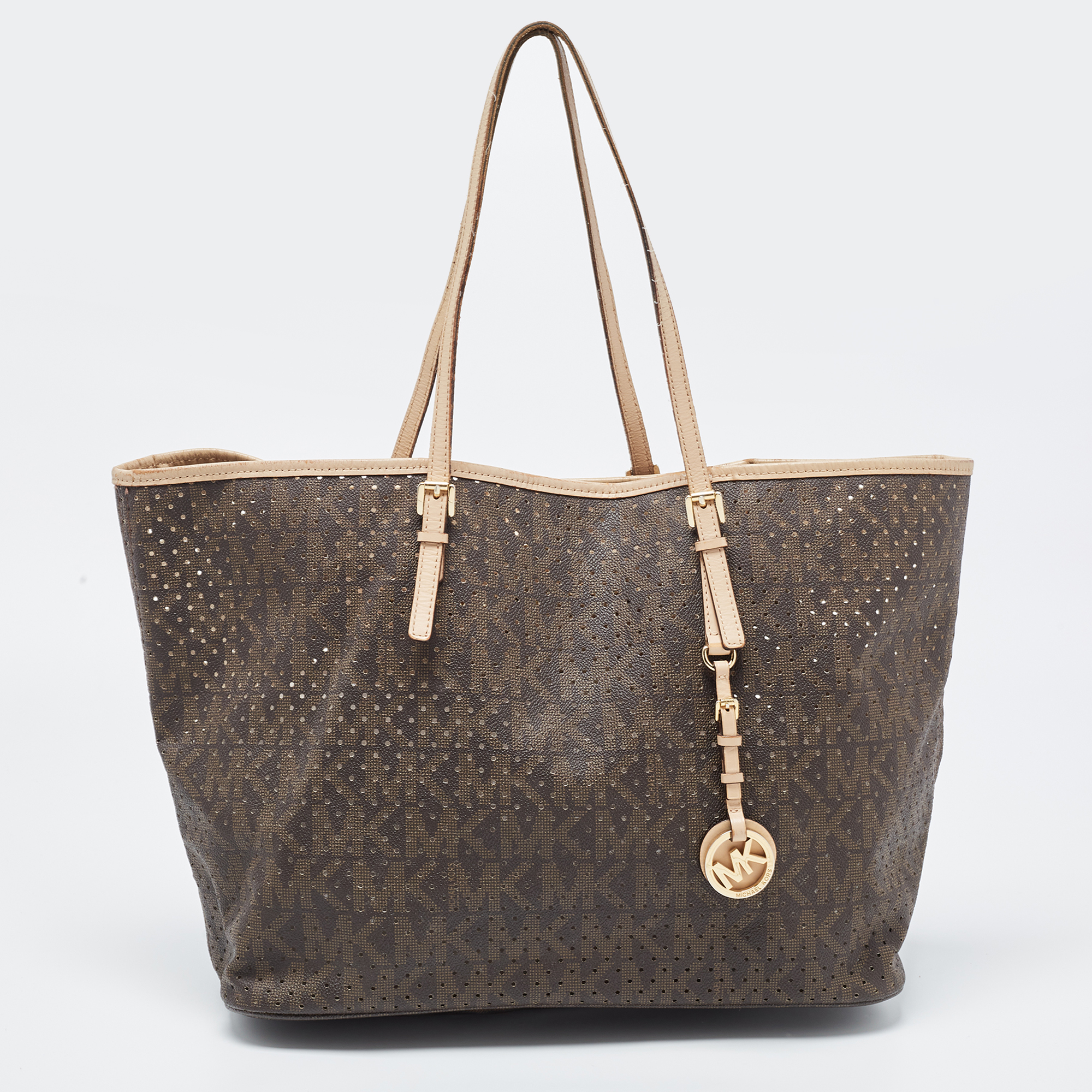 Pre-owned Michael Michael Kors Dark Brown Signature Perforated Coated Canvas Large Jet Set Travel Tote