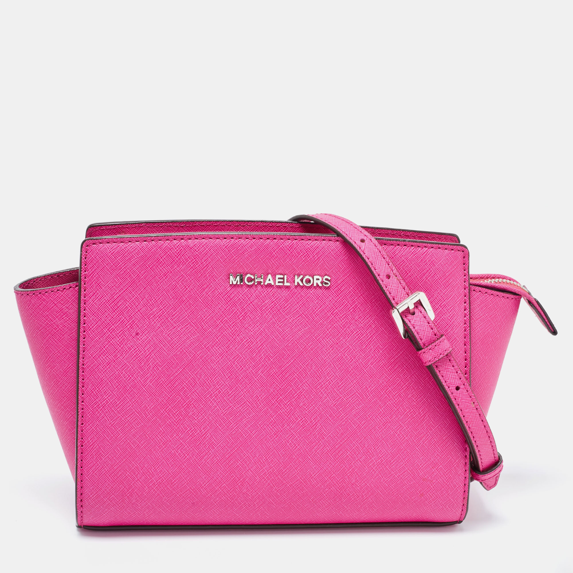 Pre-owned Michael Michael Kors Fuchsia Leather Medium Selma Crossbody Bag In Pink