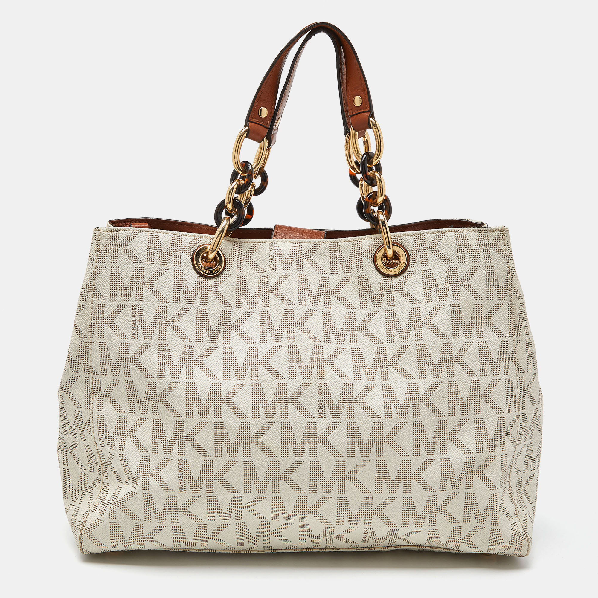 Pre-owned Michael Michael Kors White/brown Signature Coated Canvas And Leather Medium Cynthia Tote