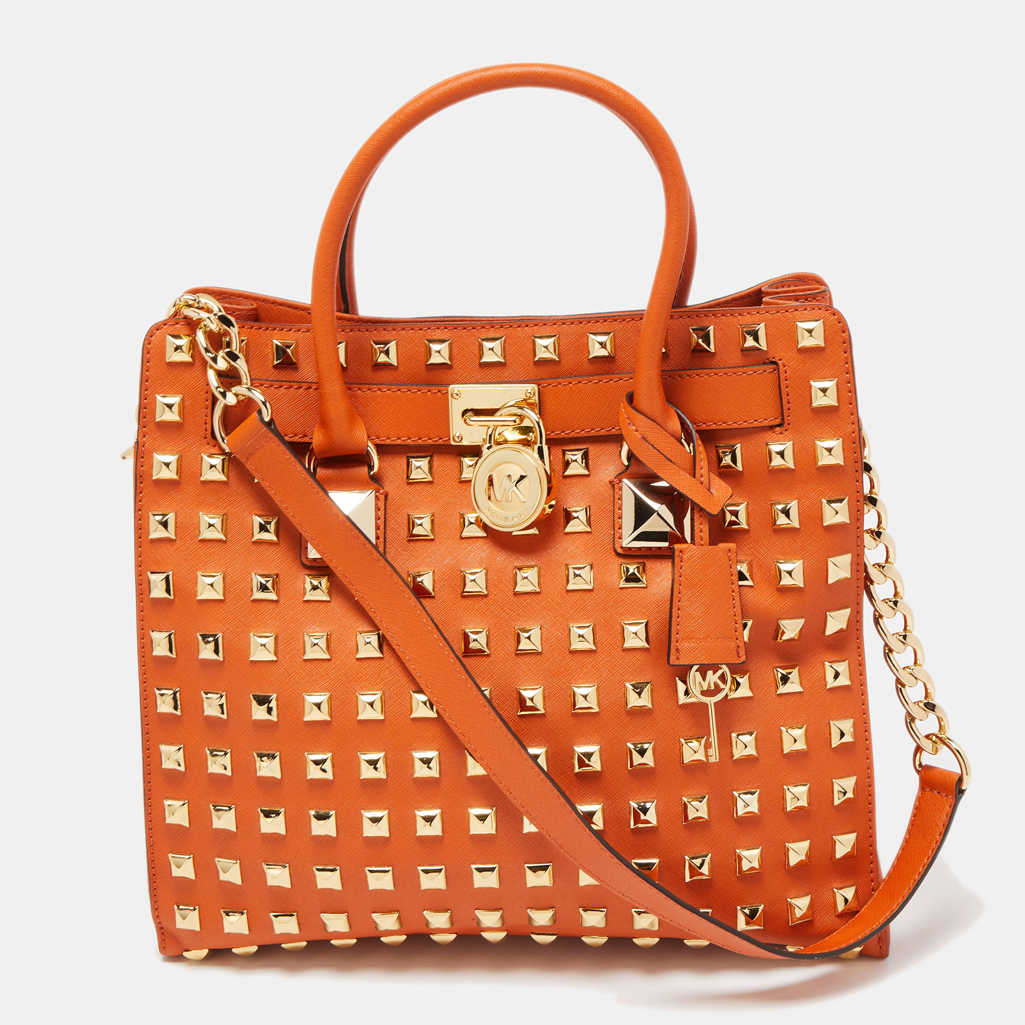 Pre-owned Michael Michael Kors Orange Leather Studded Large North South Hamilton Tote