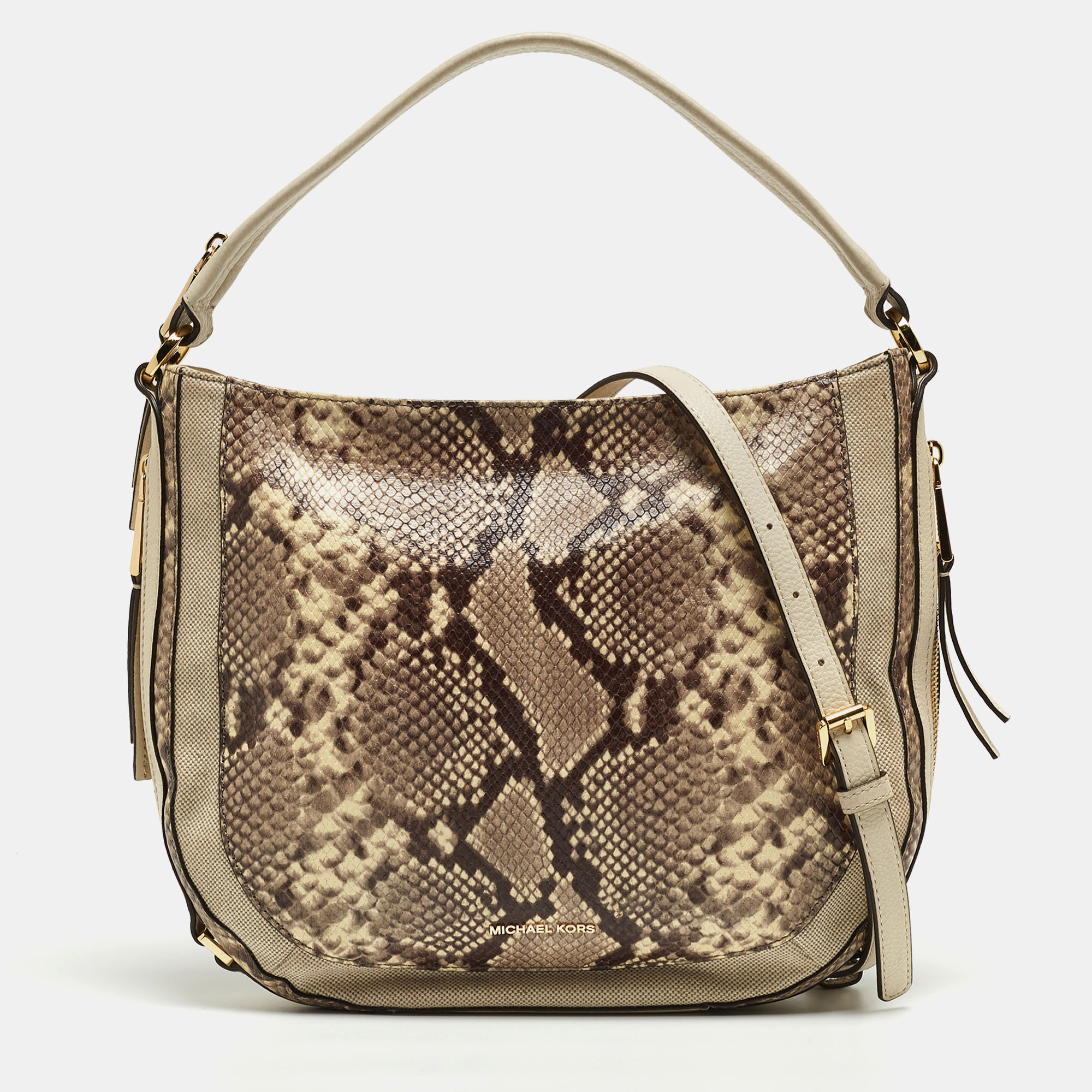 Pre-owned Michael Michael Kors Beige Python Embossed Leather And Canvas Medium Julia Hobo