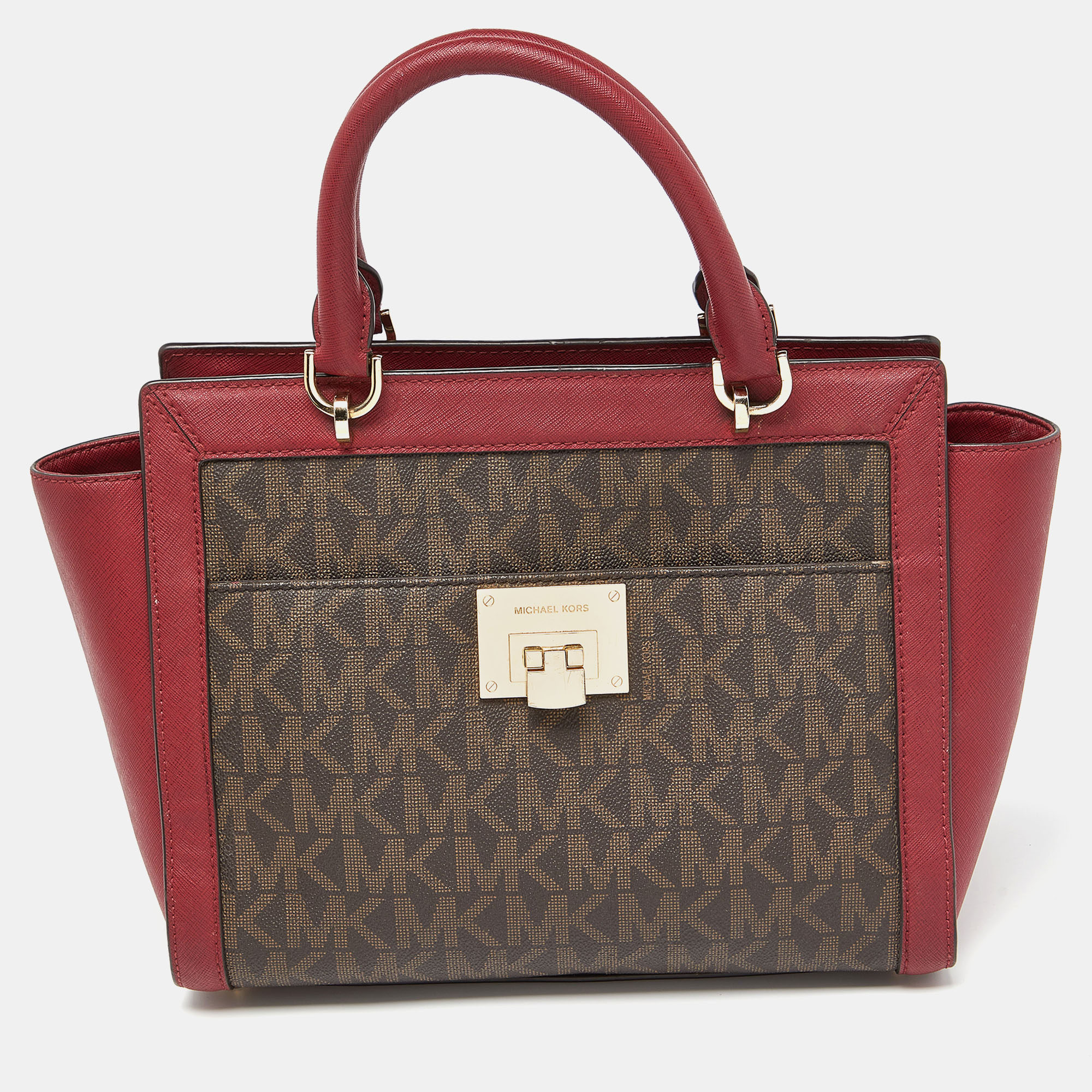 Pre-owned Michael Michael Kors Michael Micheal Kors Brown/red Signature Coated Canvas And Leather Tina Satchel