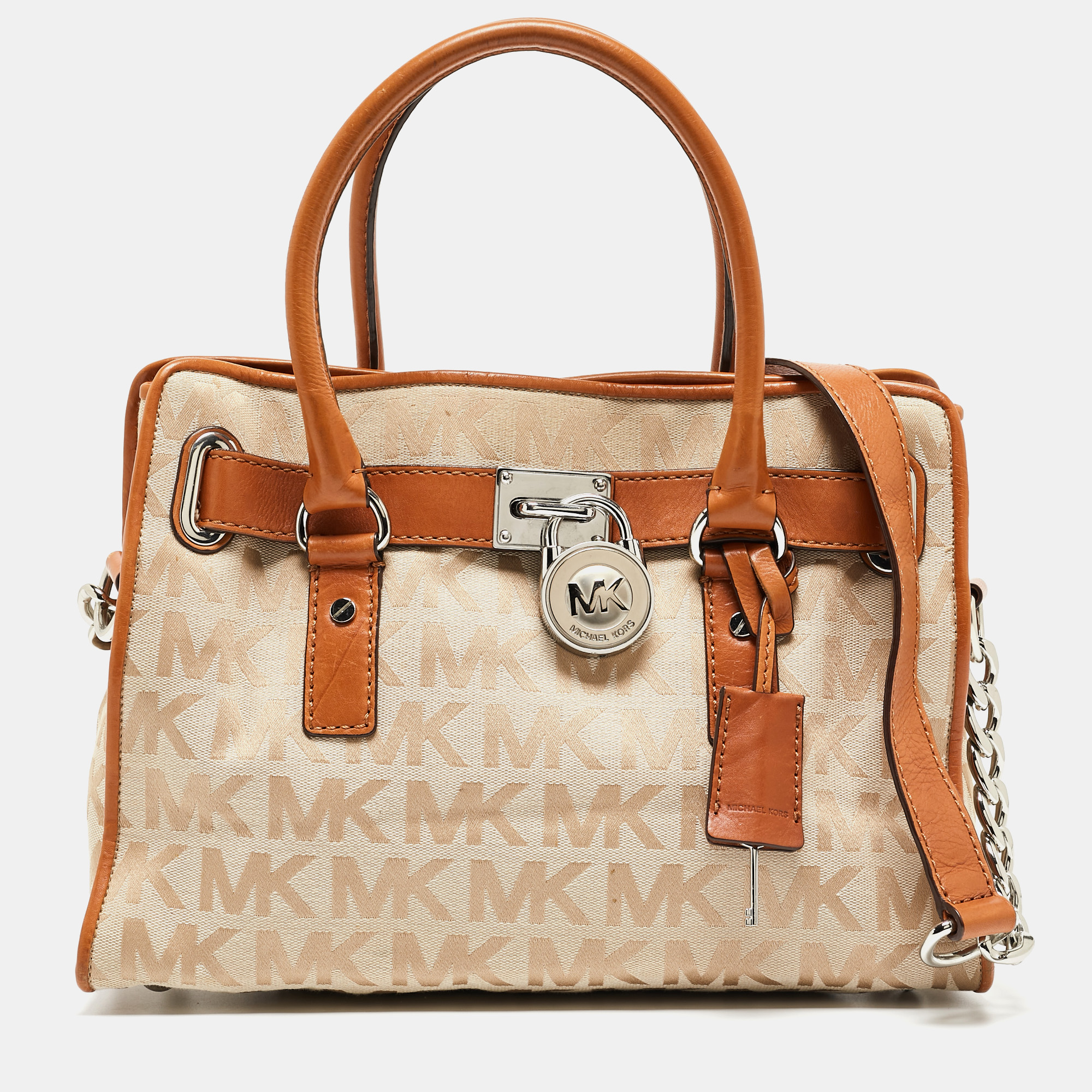 Pre-owned Michael Michael Kors Beige/brown Signature Canvas And Leather Hamilton Lock Tote