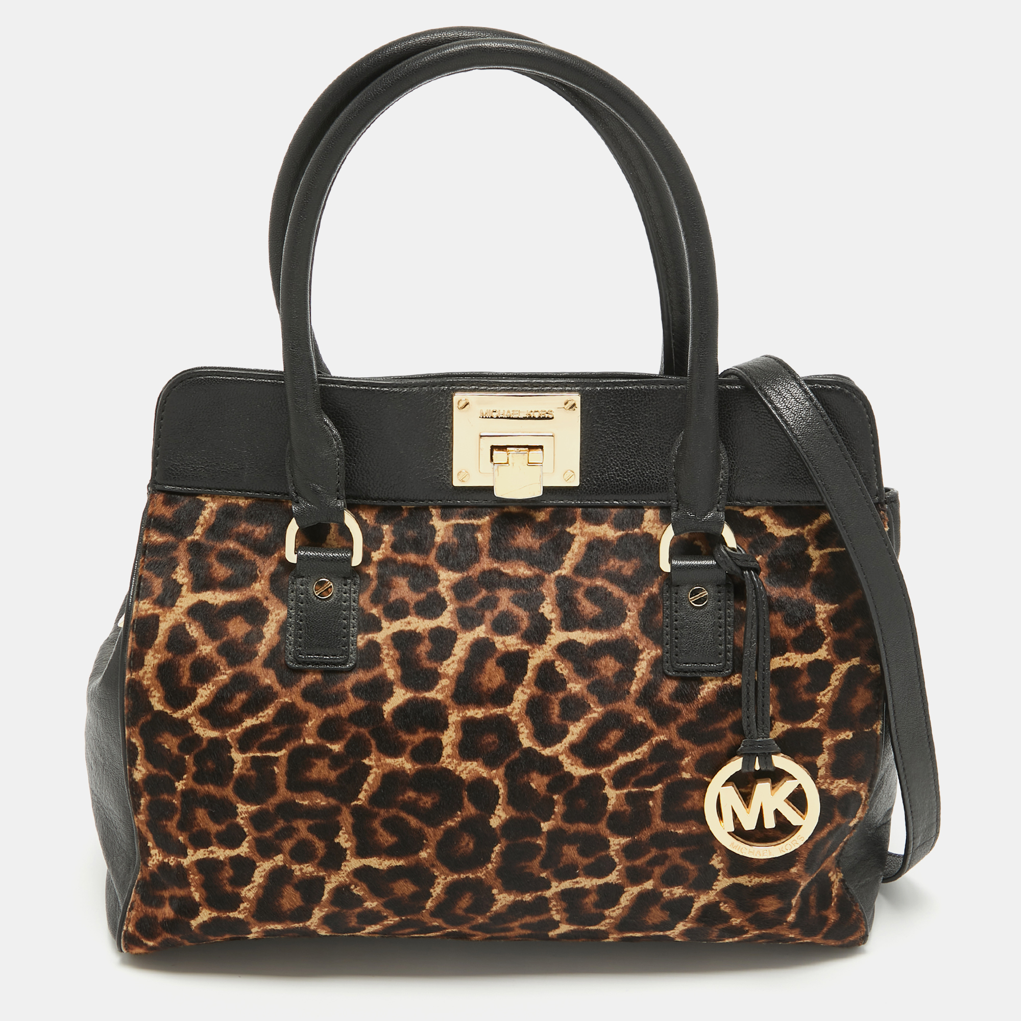Pre-owned Michael Michael Kors Black/brown Leopard Print Calfhair And Leather Astrid Tote